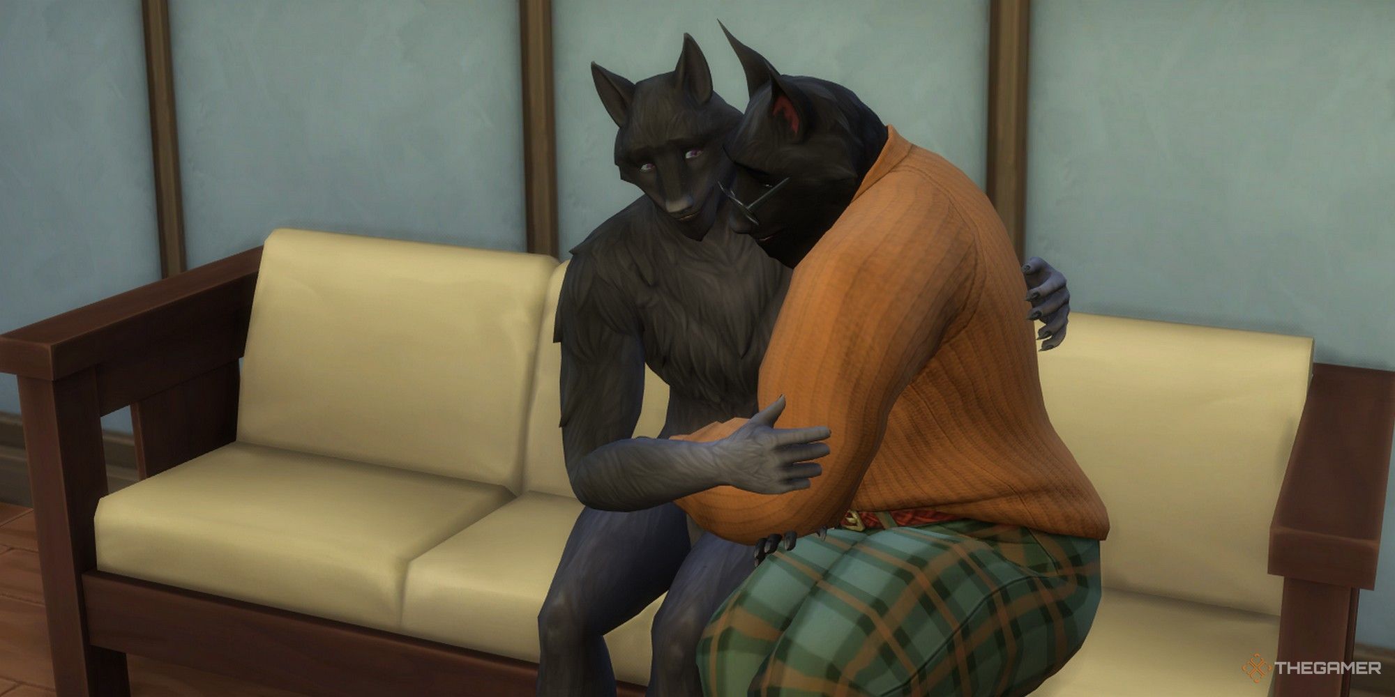 Image of two werewolf fated mates on a date, snuggling on a couch in the sims 4 for our sims 4 fated mate werewolves.