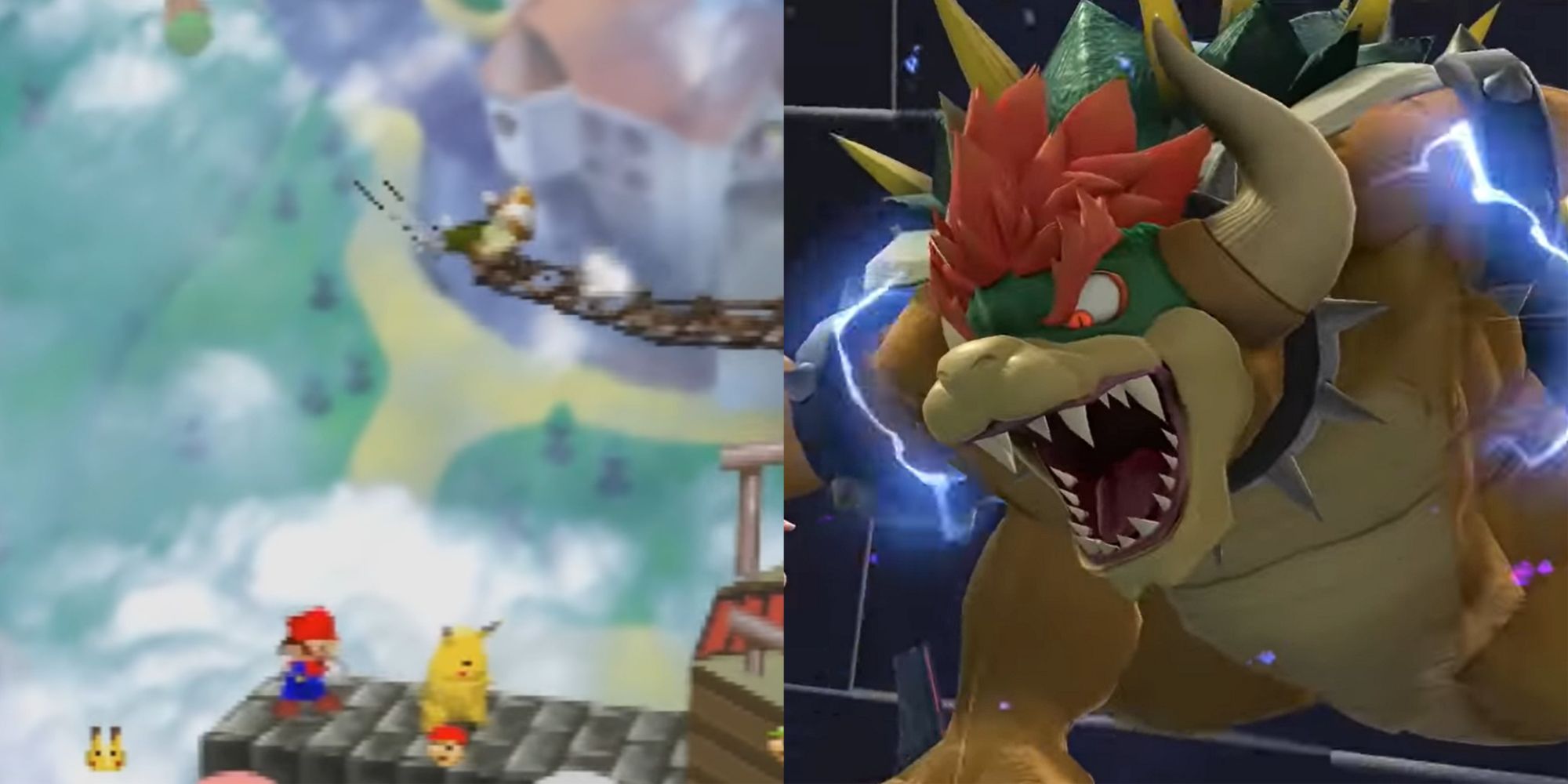 Mario, Fox, Kirby in Smash bros 64 / Bowser in Smash bros Ultimate