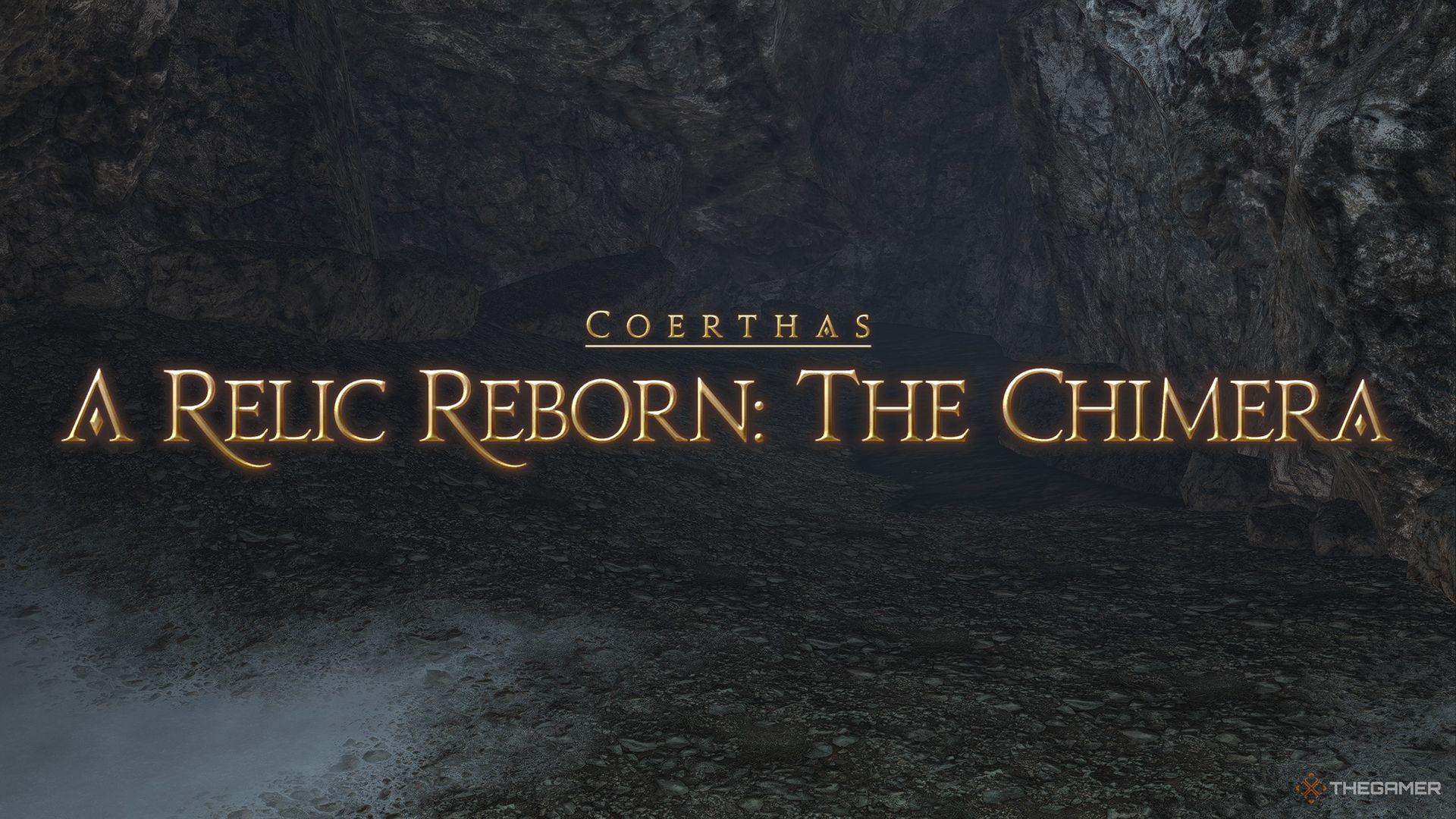 The intro for the A Relic Reborn: The Chimera Trial, showing the inside of a cave in Coerthas.