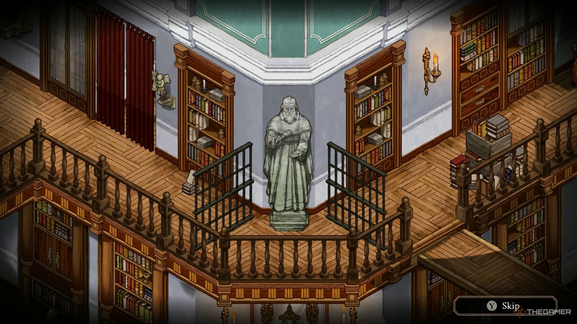 The player checks the statue that grants to access to the Inquistor's Office entrance in The Stone Of Madness.