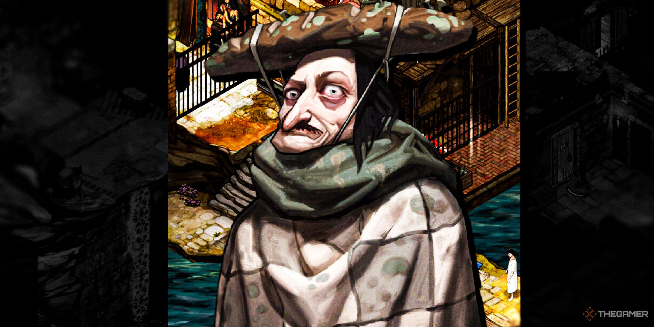 A character portrait from The Stone of Madness over a level.