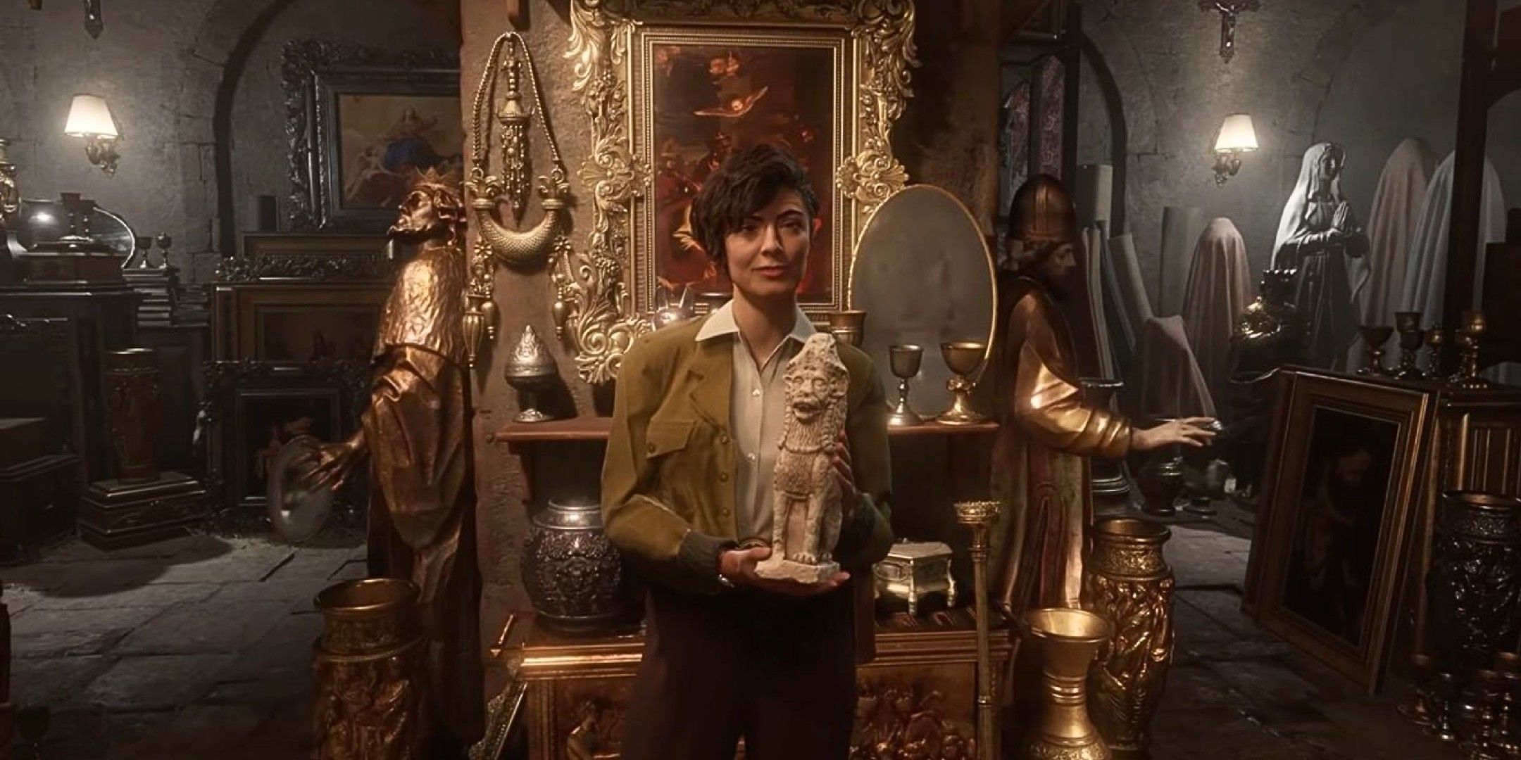 Indiana Jones And The Great Circle image showing Gina holding an artifact in front of a wall of treasures.