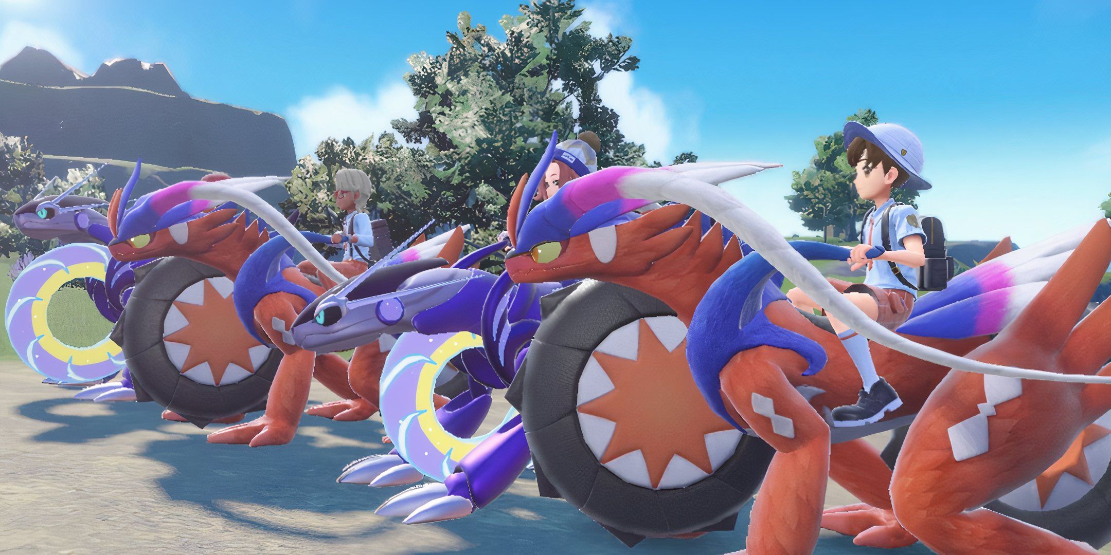 A Group Of Players Riding On Koraidons And Miraidons In Paldea In Pokemon Scarlet & Violet.