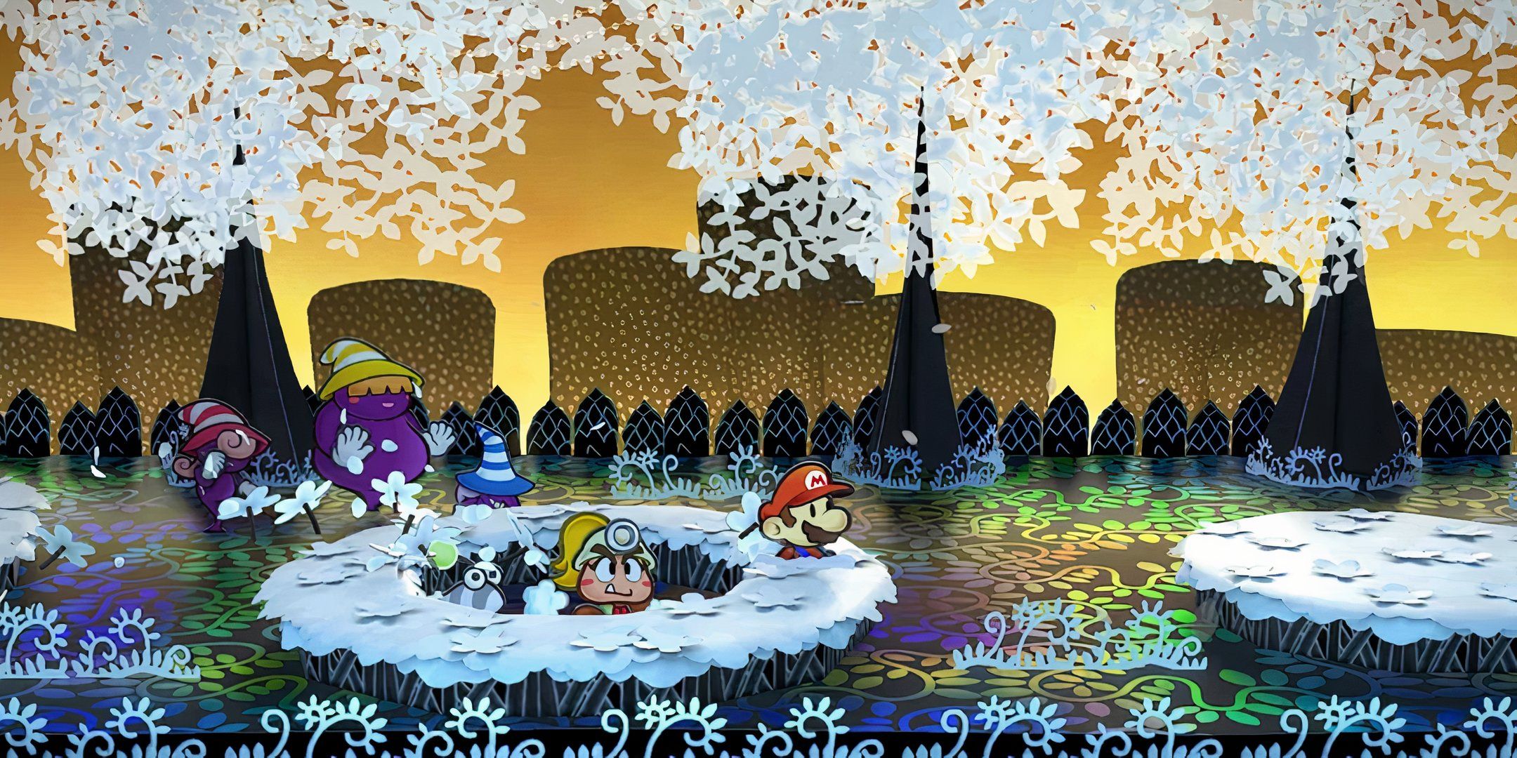 Mario And Goombella With The Shadow Sirens Behind Them In Boggly Woods In Paper Mario: The Thousand-Year Door (2024).