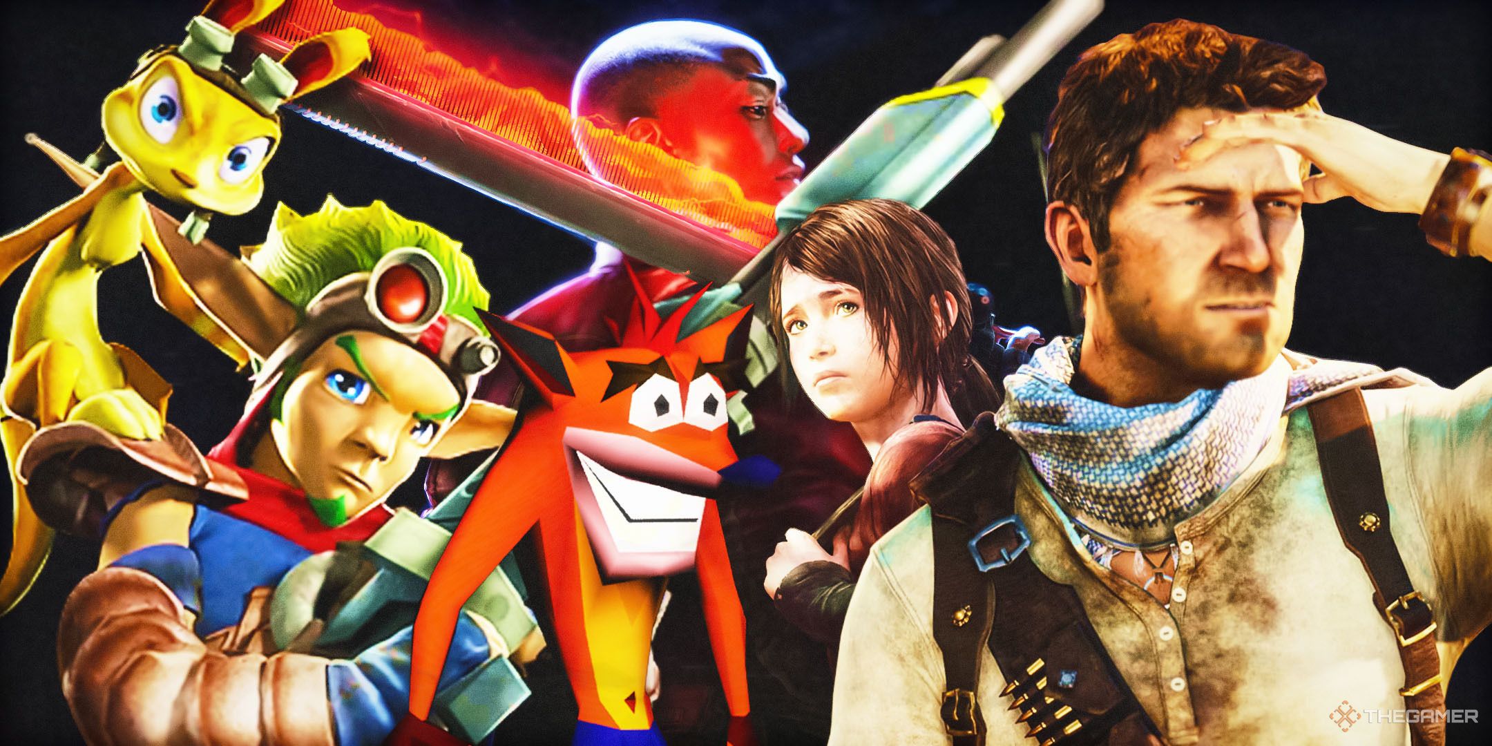 Characters from Naughty Dog franchises including Jak and Daxter, Crash Bandicoot, Intergalactic, The Last of Us, and Uncharted.