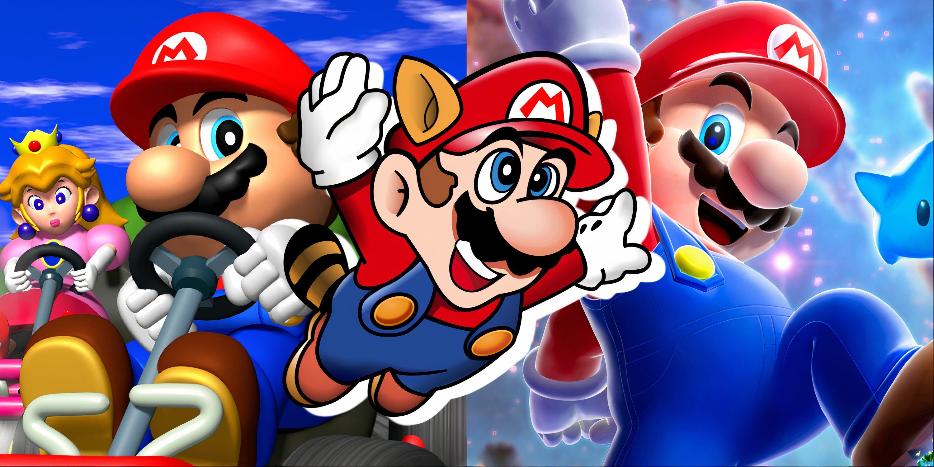 Split image of Mario Kart 64, Super Mario Bros. 3, and Super Mario Galaxy