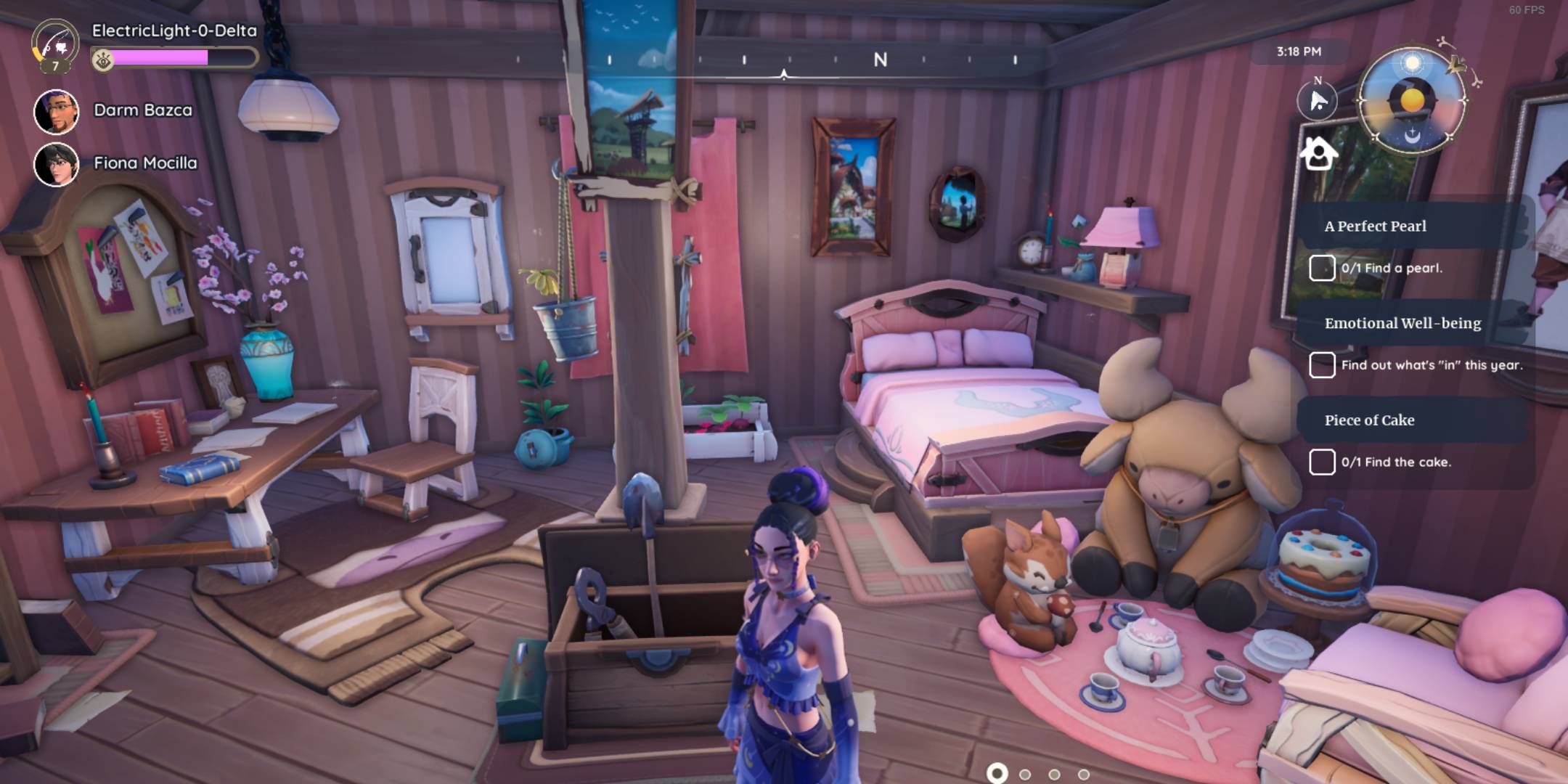 A player in a blue two piece dress standing in their home filled with lots of pink colors and stuffed animals in Palia.