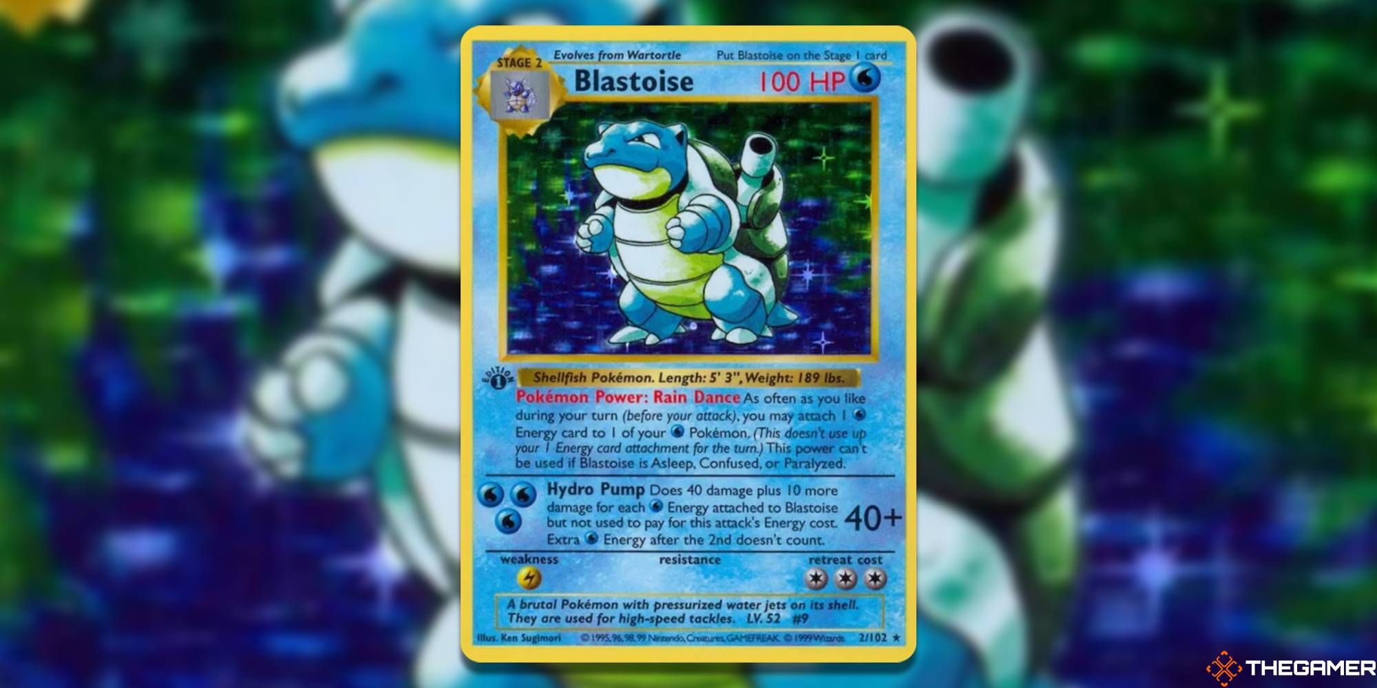 Base Set Shadowless Blastoise from the Pokemon TCG with blurred background