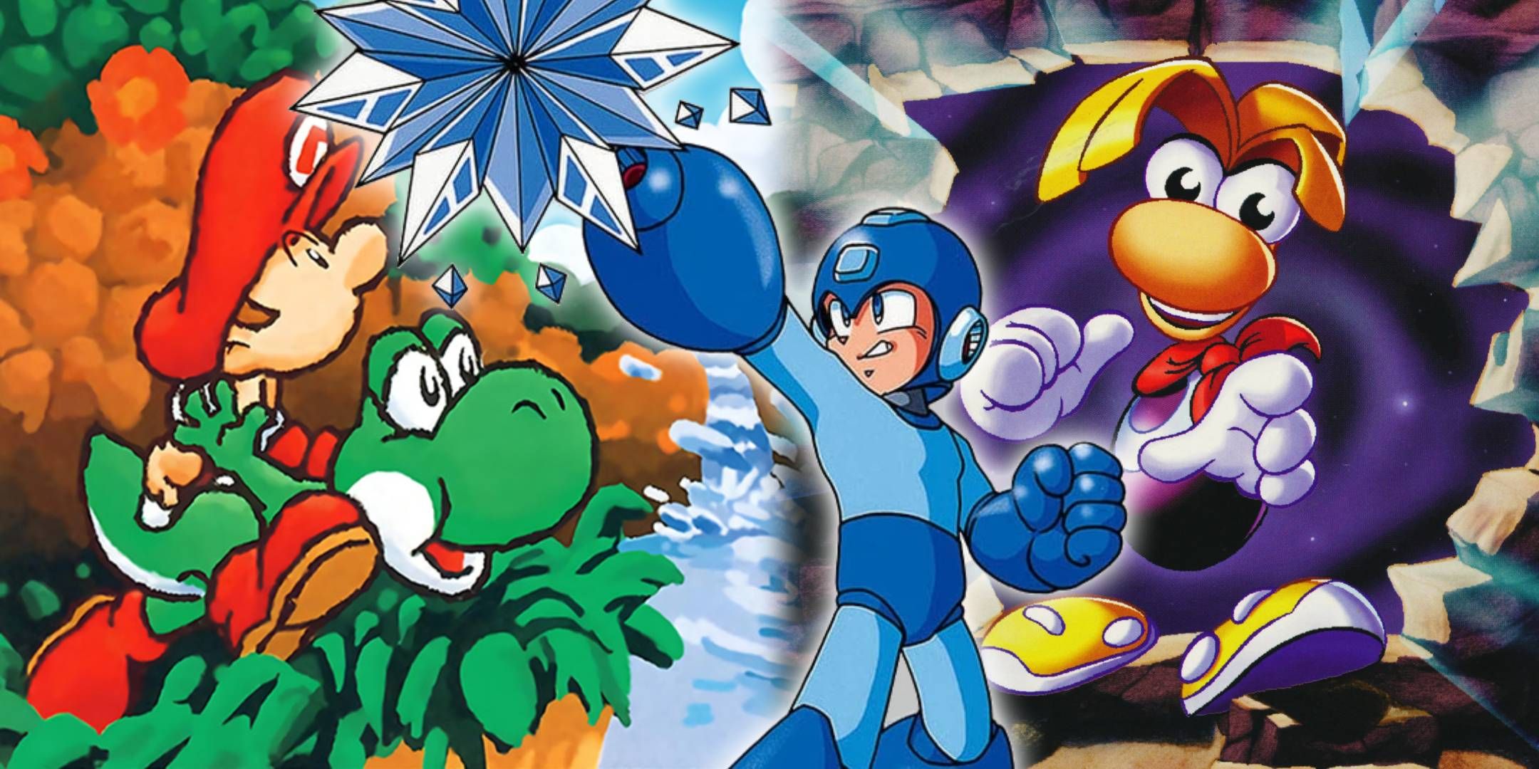 A split image of cover art from Super Mario World 2: Yoshi's Island and Rayman with Mega Man from Mega Man 7 over top.