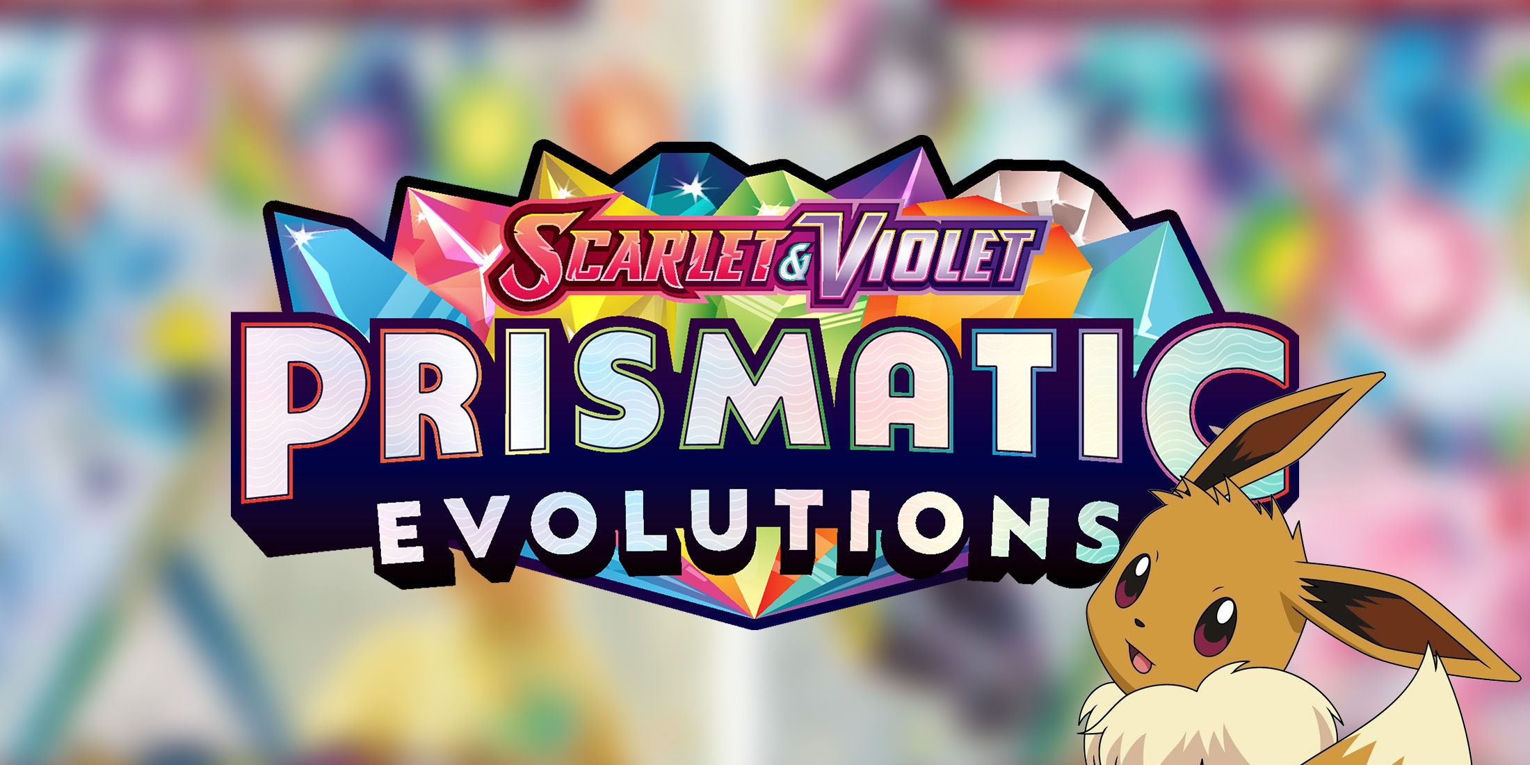 Pokemon Scarlet and Violet Prismatic Evolutions logo with Eevee official artwork 2x1 composite