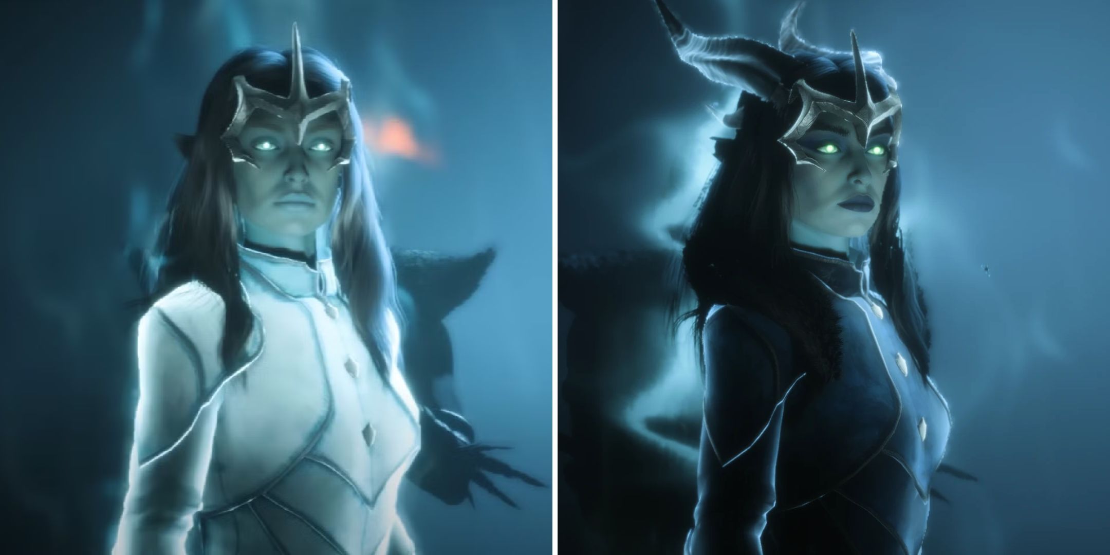 Left: Mythal as she appears in Dragon Age: The Veilguard. Right: A modded Mythal with a darker colour pallet and dragon horns in her hair