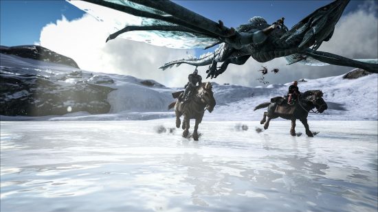 A dinosaur flies above two mounted people in Ark servers