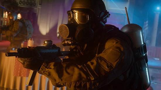 Soldier in a gas mask and holding an SMG in Call of Duty Black Ops 6 campaign