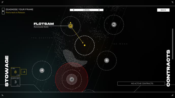 A screenshot of a map in Citizen Sleeper 2, showing a few planetary destinations.