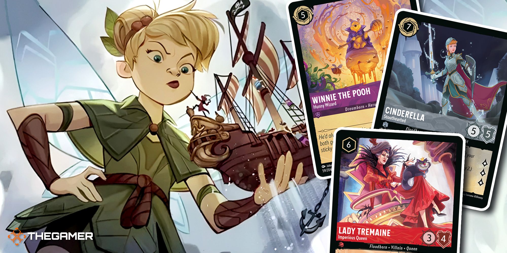 Giant Tinkerbell looks over three inset cards from Lorcana Set 2.