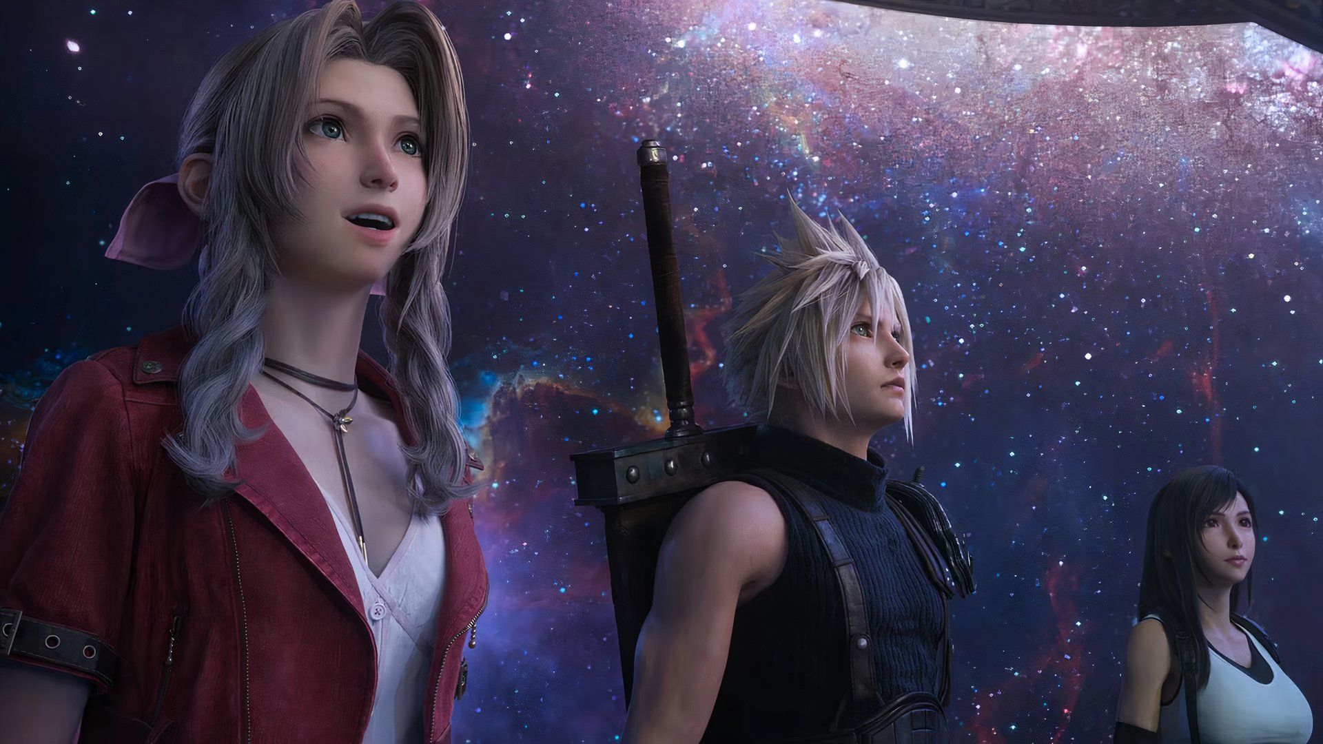 Cloud, Aerith, and Tifa as they appear in Final Fantasy VII Rebirth.