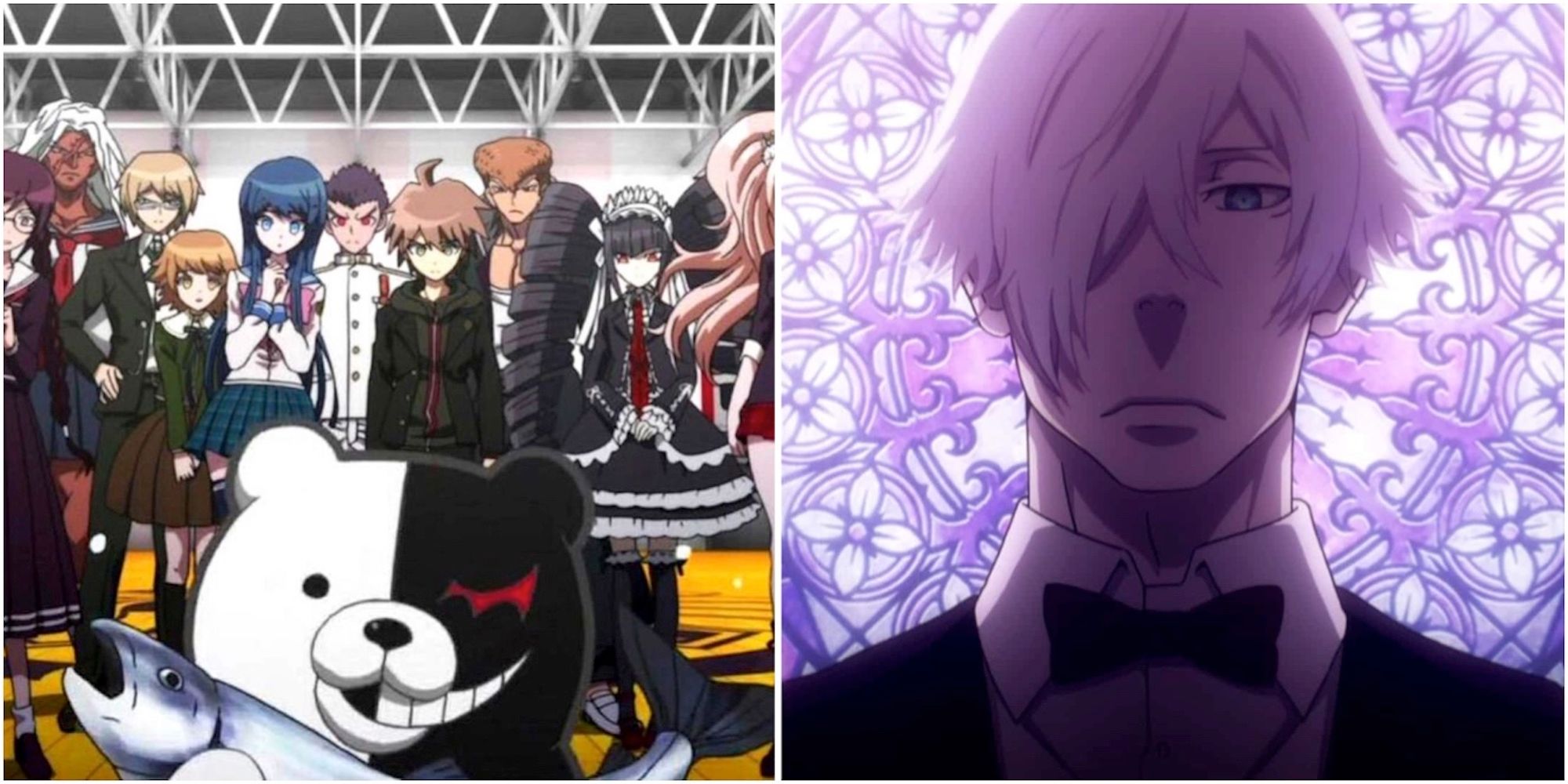 A scene featuring characters from Danganronpa and Decim from Death Parade