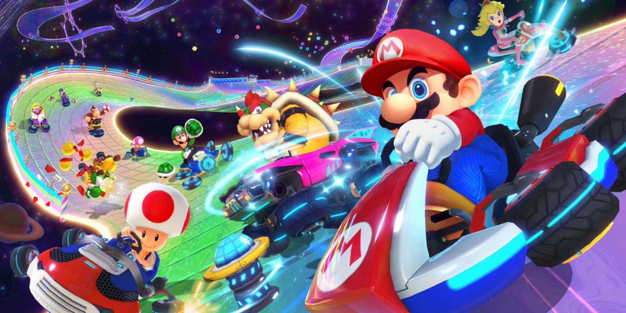 Official artwork of Mario characters driving through Rainbow Road with antigravity.