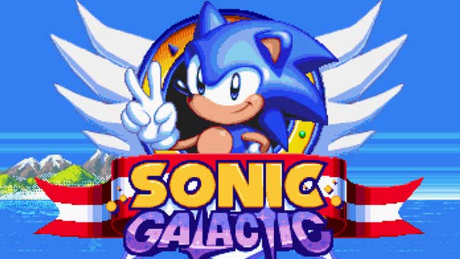 Sonic holds up a peace sign in the Sonic Galactic logo.