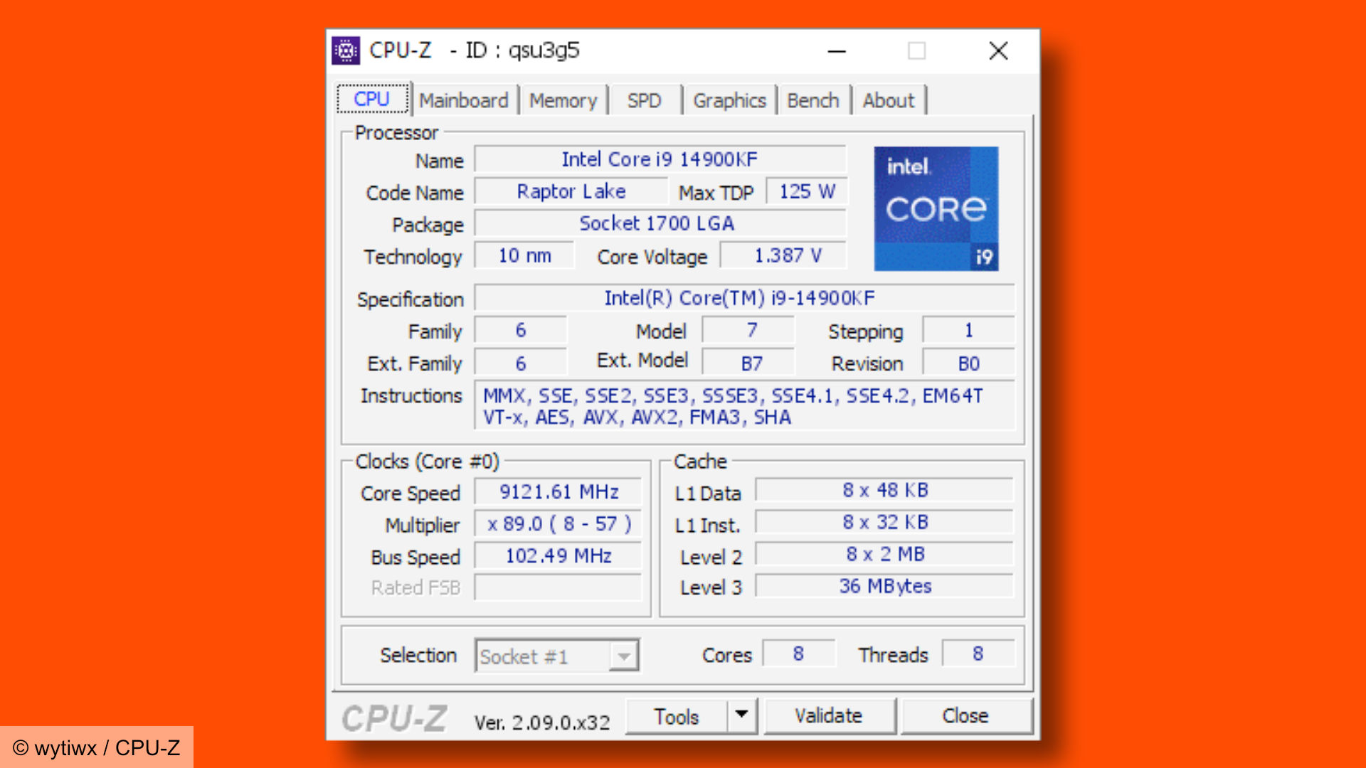 wytiwx CPU-Z data showing the world-record 9.12GHz clock speed achieved on a 14900KF.