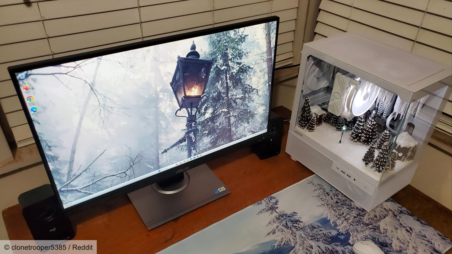 The all-white Narnia themed gaming PC with monitor.