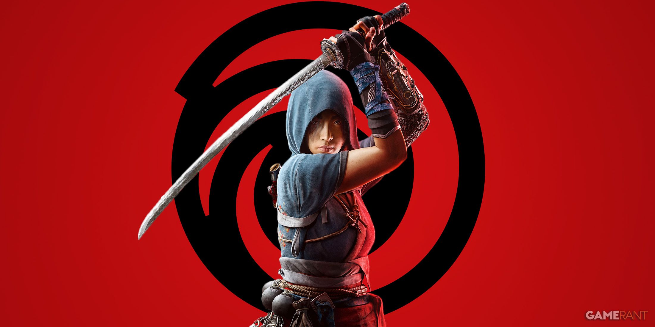 Naoe from Assassin's Creed Shadows standing with katana in front of black Ubisoft logo on dark red background