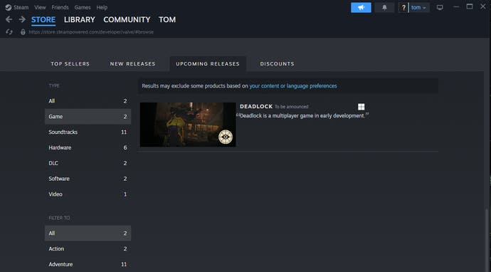 A screenshot of Valve's upcoming games list on Steam.