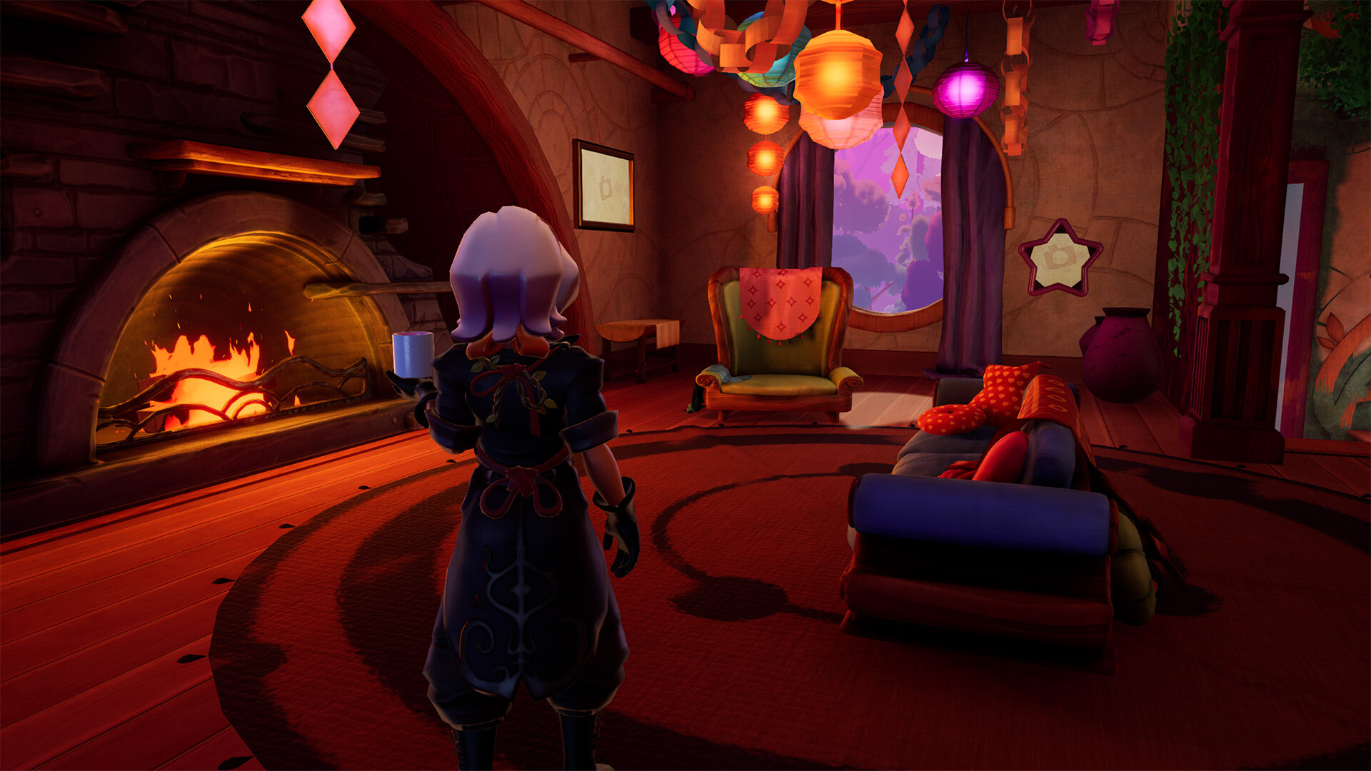 Wanderstop screenshot showing white-haired protagonist Alta holding a cup of tea in a cozy sitting room with a fireplace