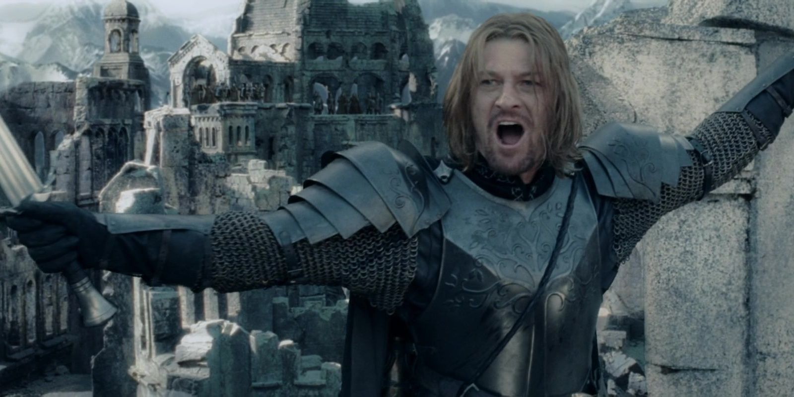 Boromir with arms wide and mouth open