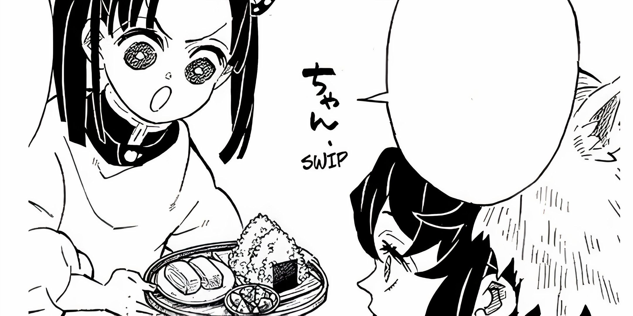 Aoi giving food to Inosuke in the Demon Slayer manga.