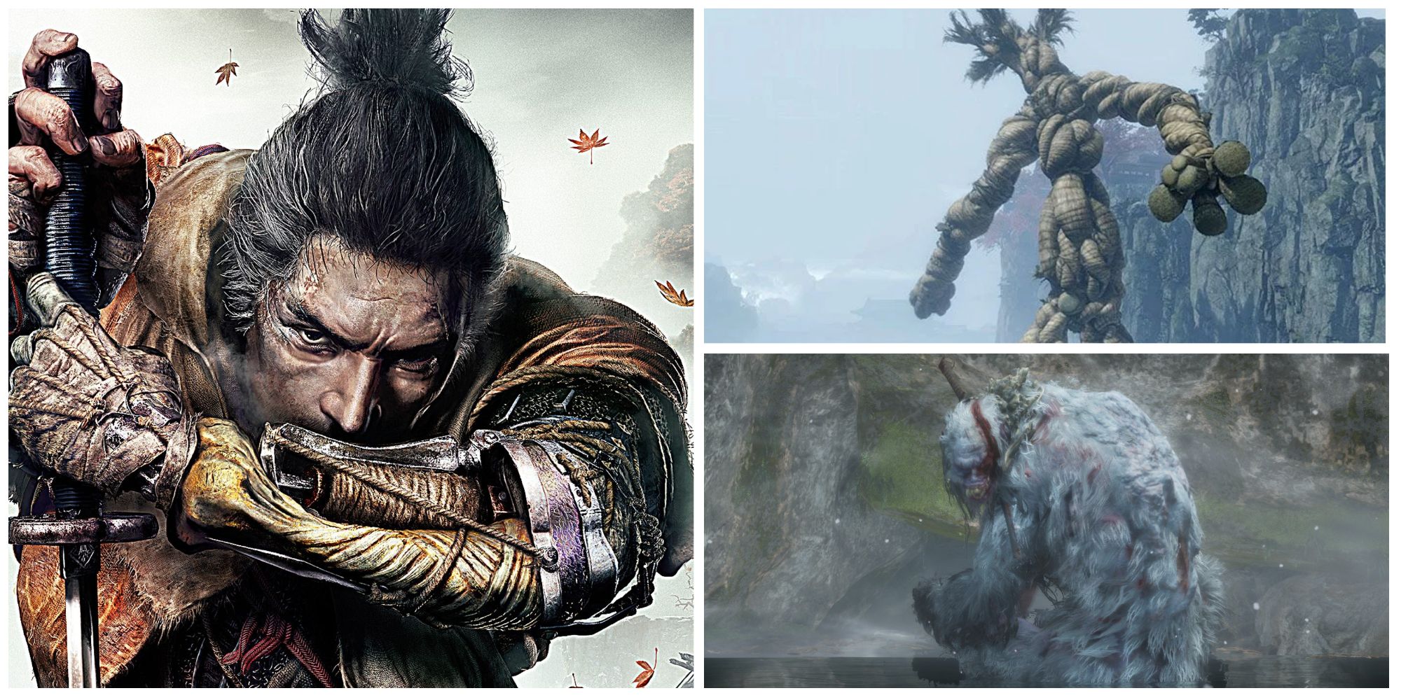 three pictures from sekiro: shadows die twice in a collage