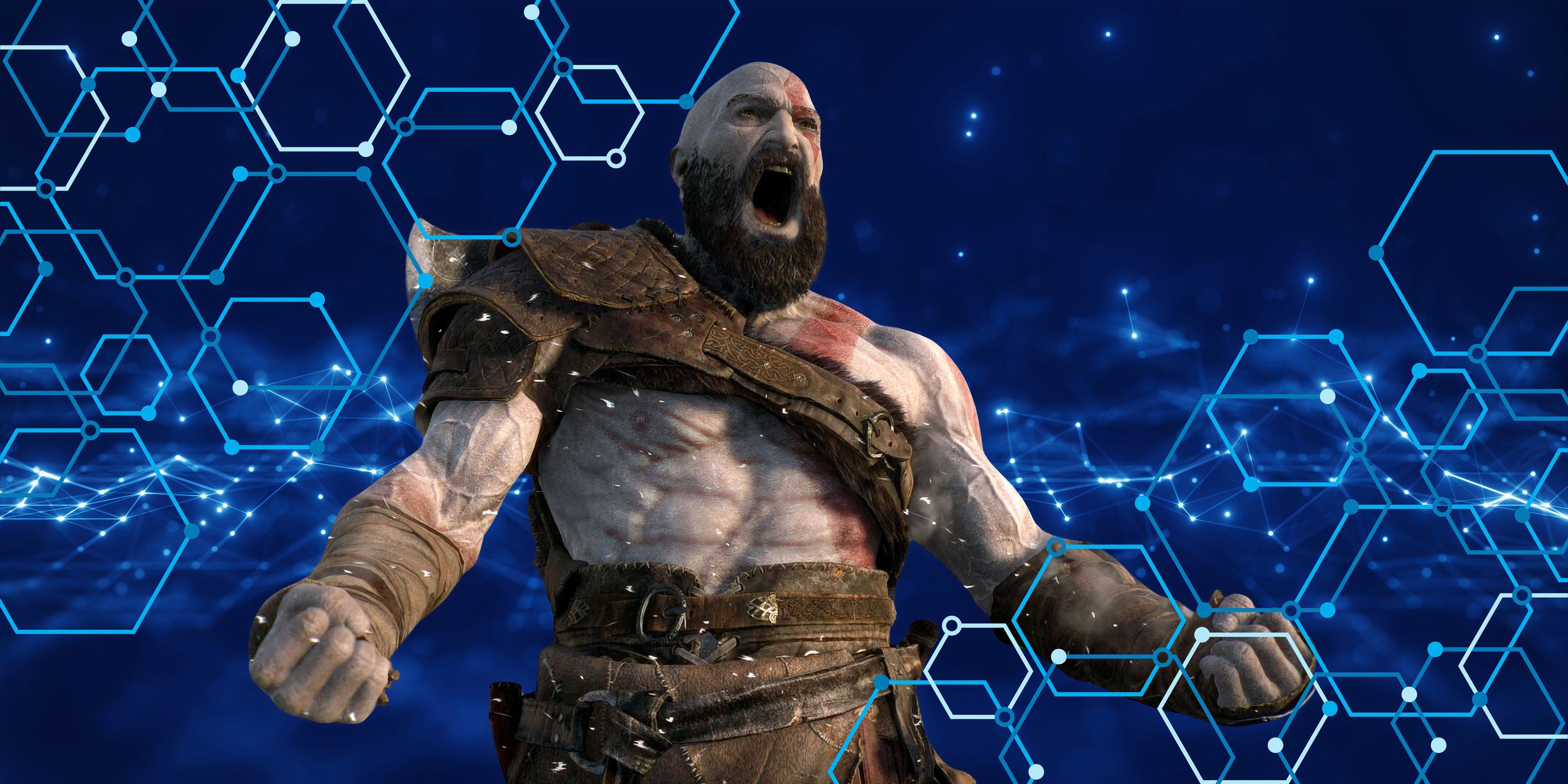 Kratos in front of a tech background