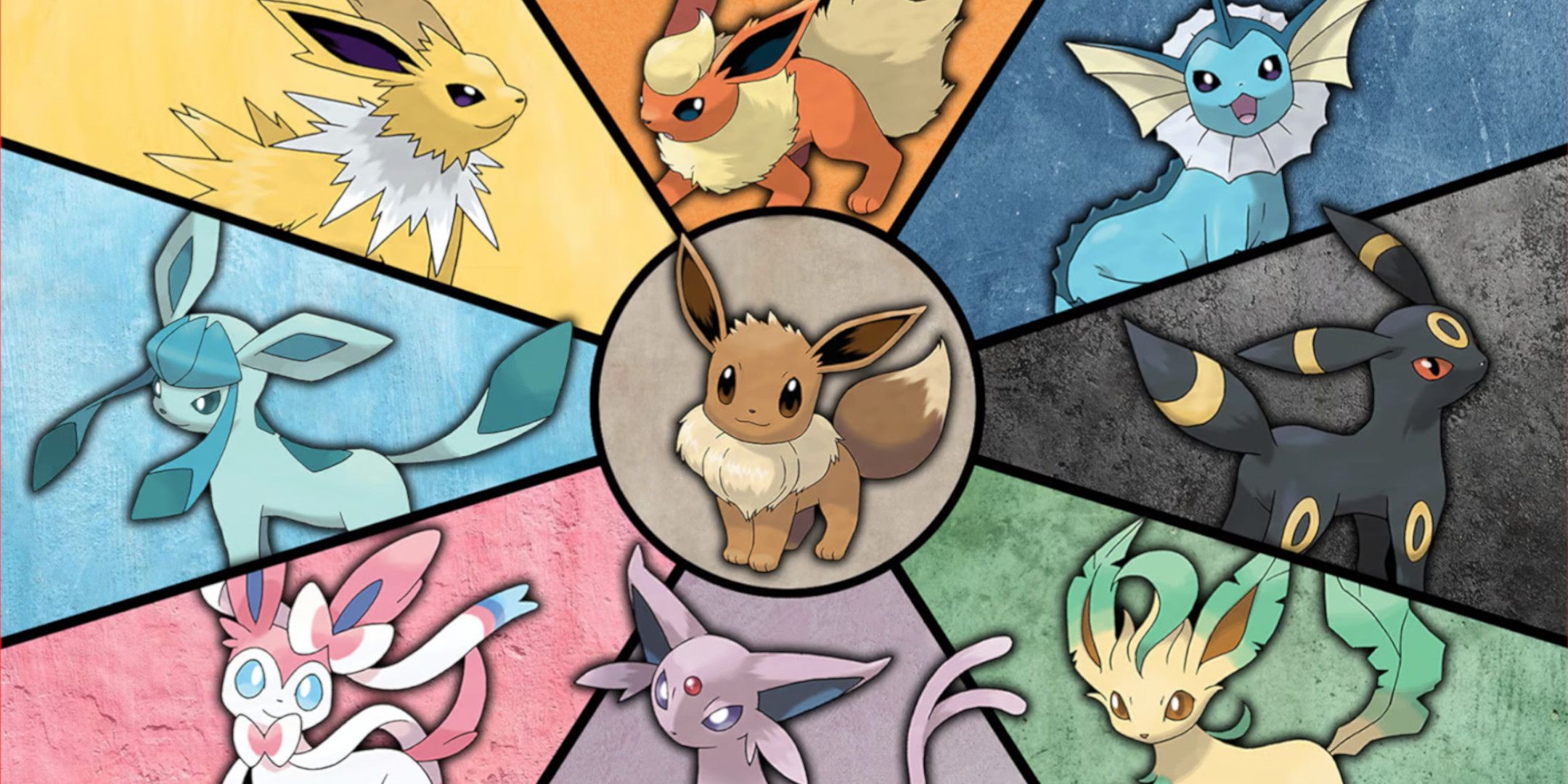 Eevee in the center of a graphic showcasing each of their evolutions.