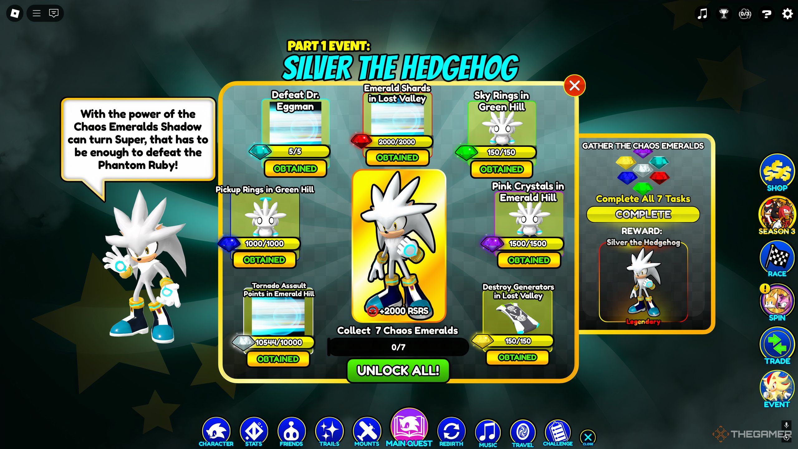 The menu of Part 1 of the Super Shadow Event, featuring Silver, in Roblox: Sonic Speed Simulator.