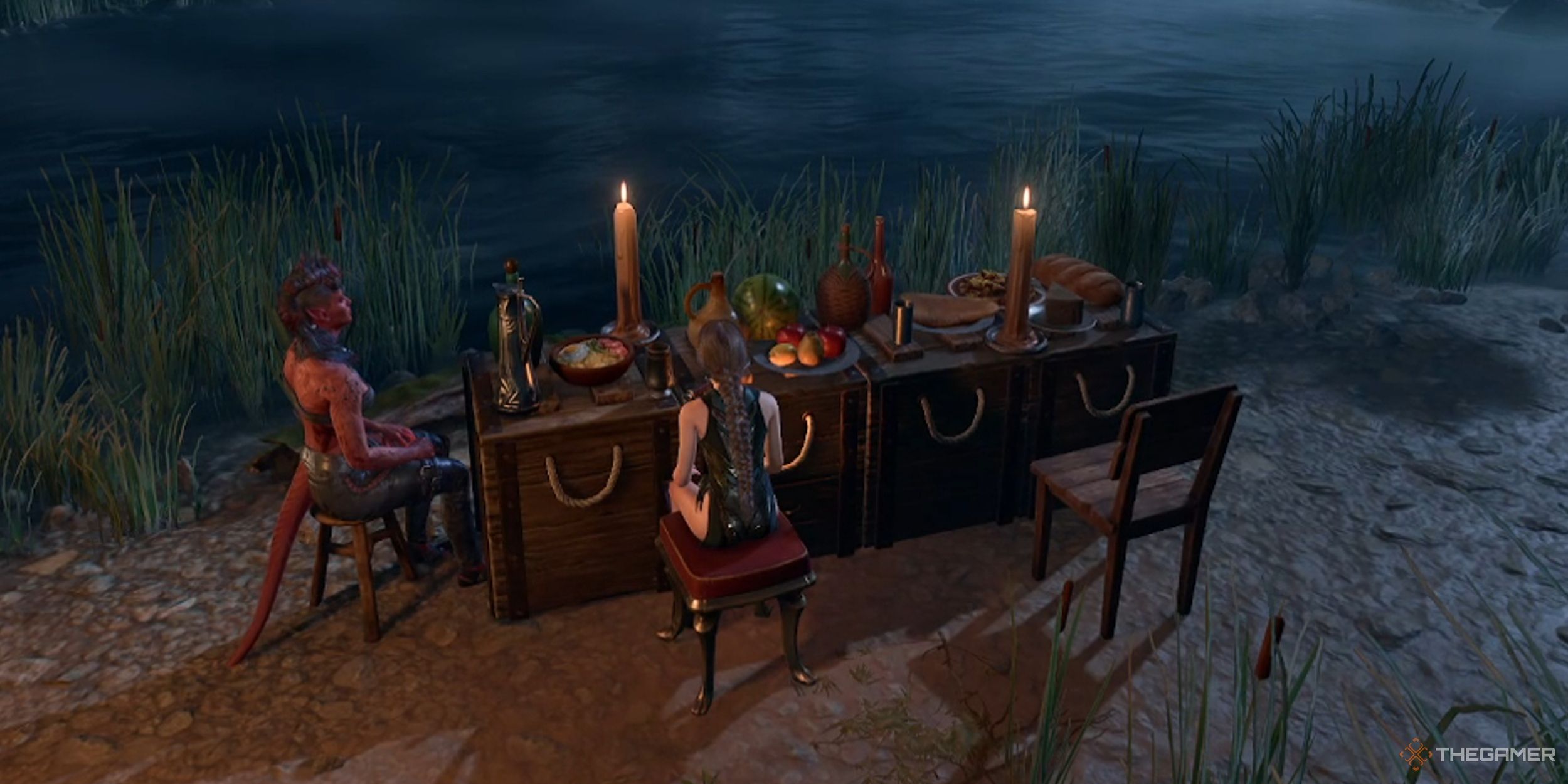 Karlach and Tav dining in camp in Baldur's Gate 3.