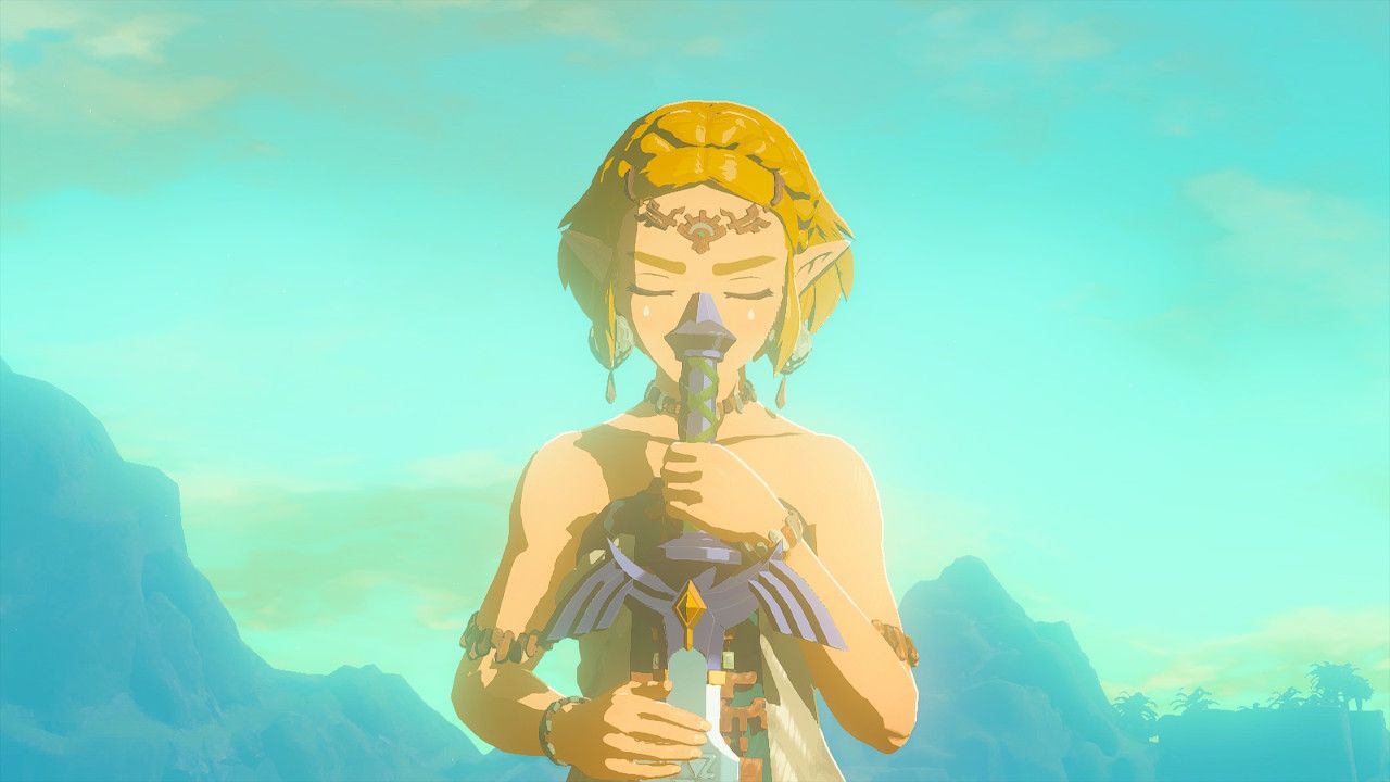 Zelda with the Master Sword in Zelda Tears of the Kingdom.