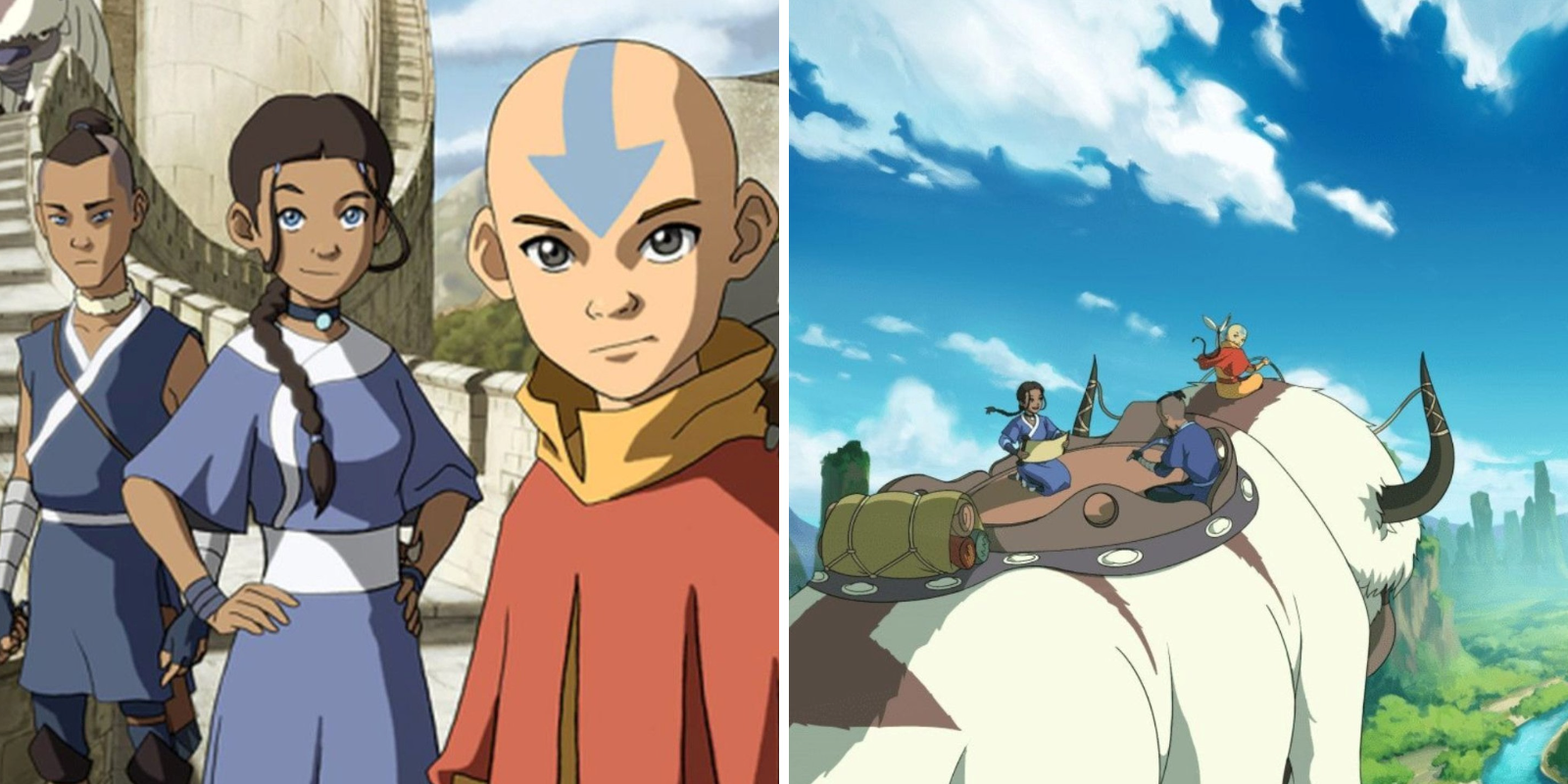 The cast of Avatar The Last Airbender seen on a stone wall and riding appa the sky bison