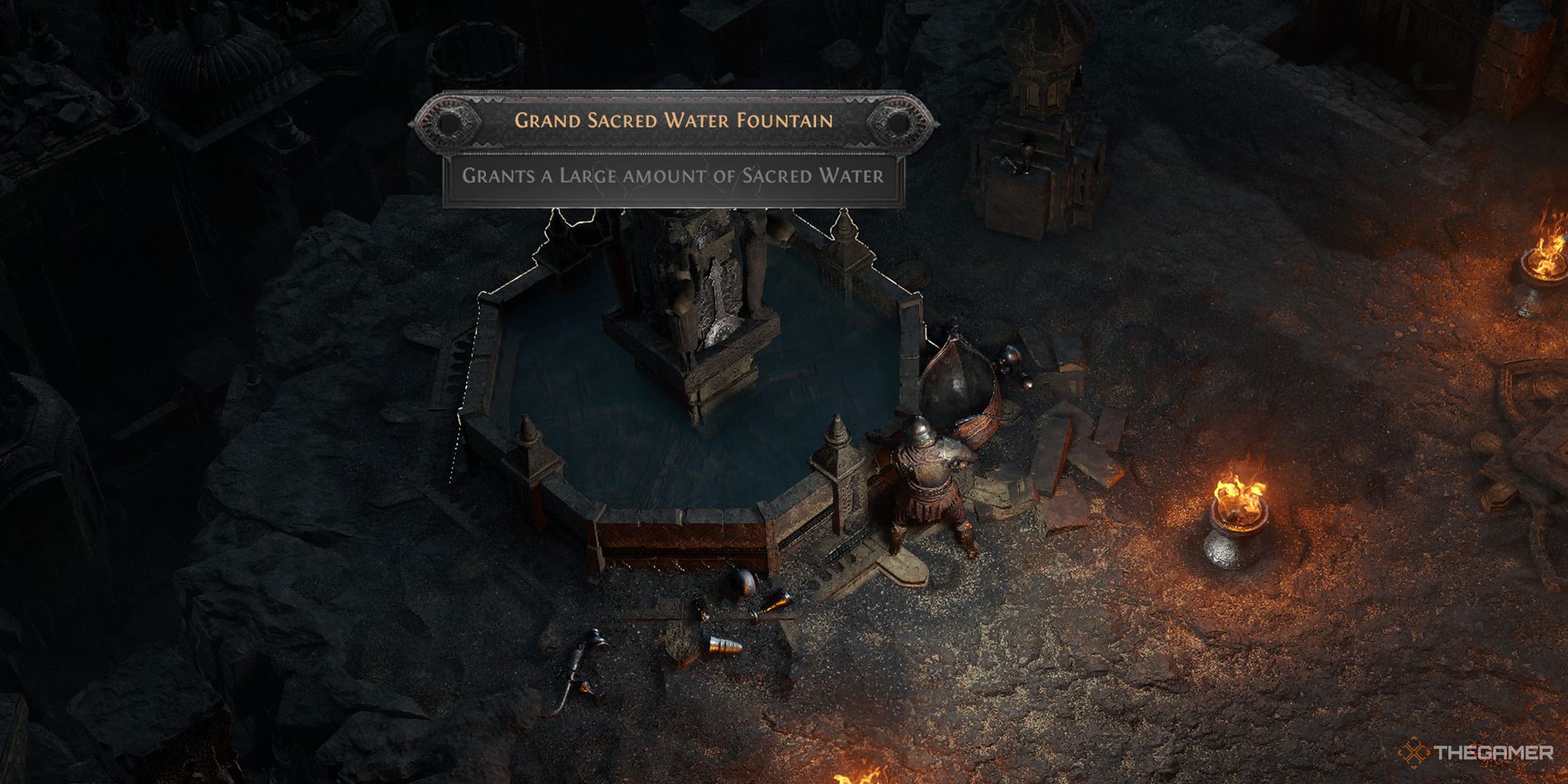 The player collecting Sacred Water from a Grand Sacred Water Fountain in Path of Exile 2.