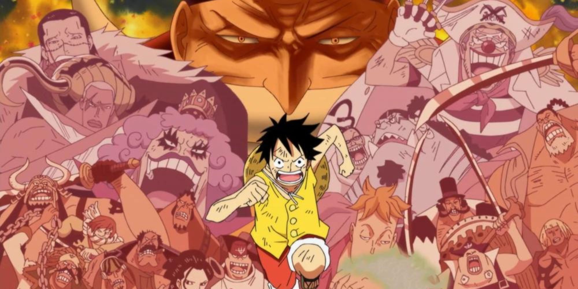 Luffy running in front of the most important characters that are involved in the Marineford Arc.