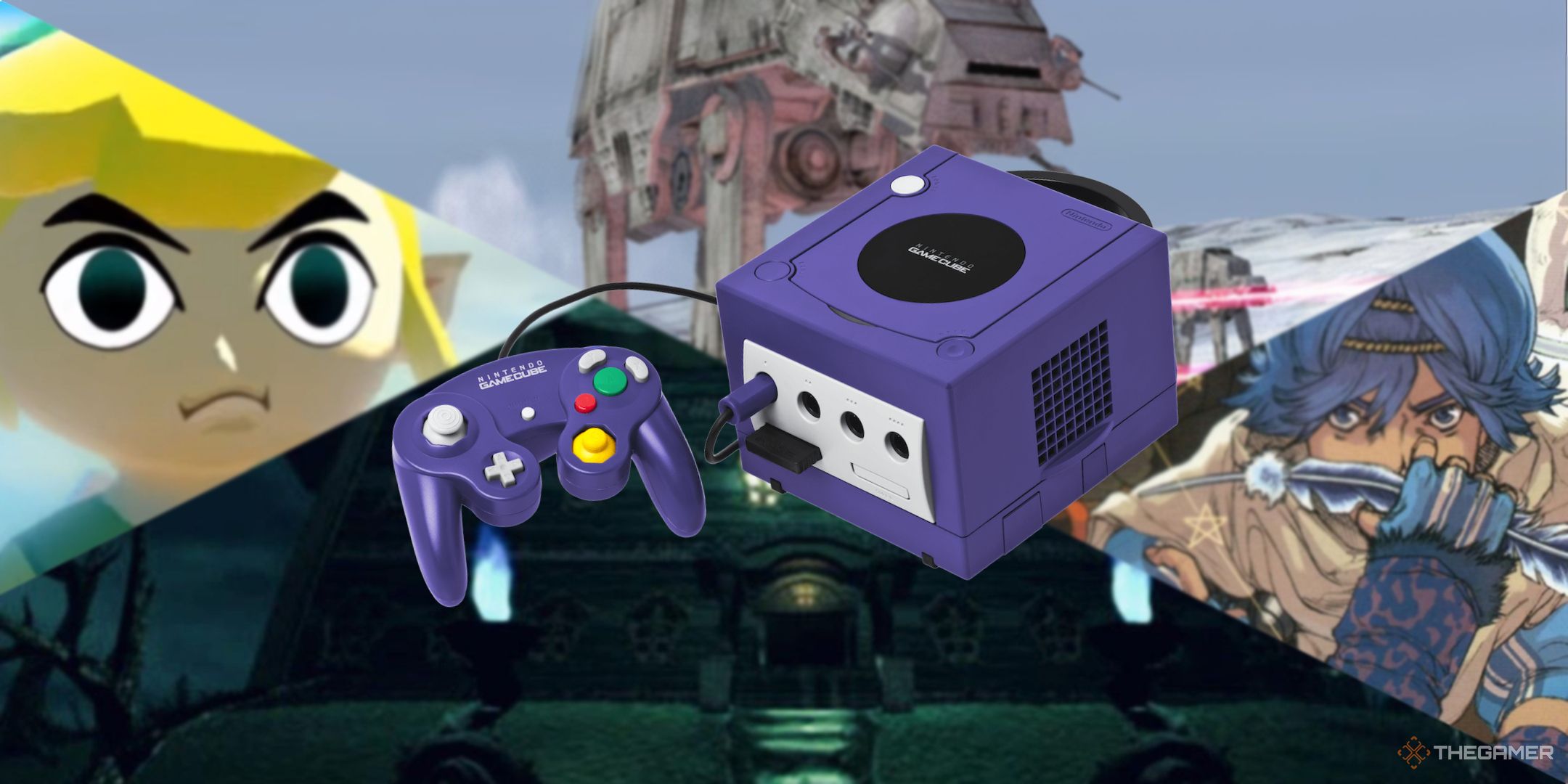 A gamecube console overlaid on a blurred background of some of its games.