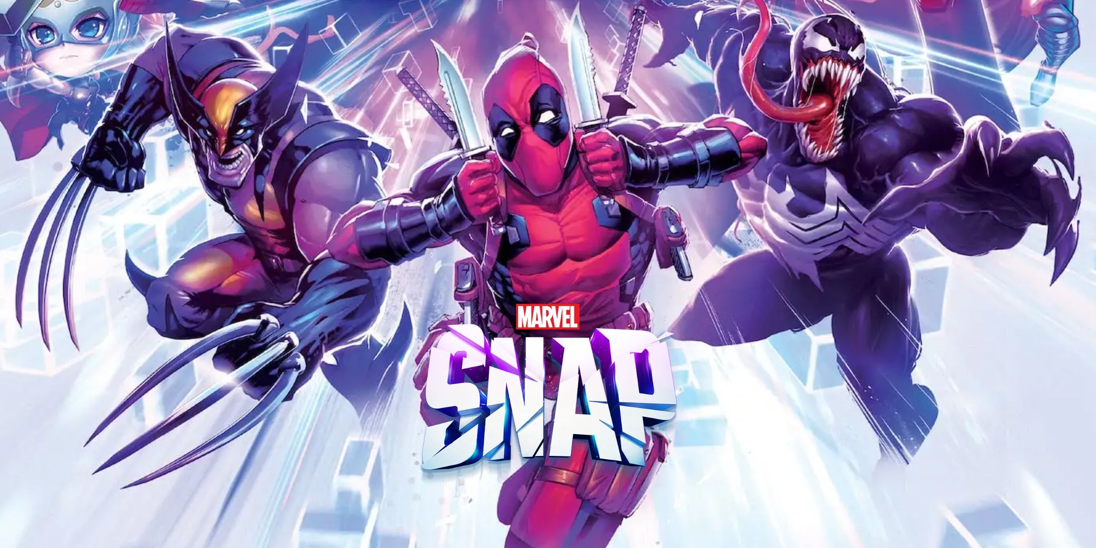 Official Marvel Snap art featuring Wolverine, Deadpool, and Venom. Edited to include the Marvel Snap logo