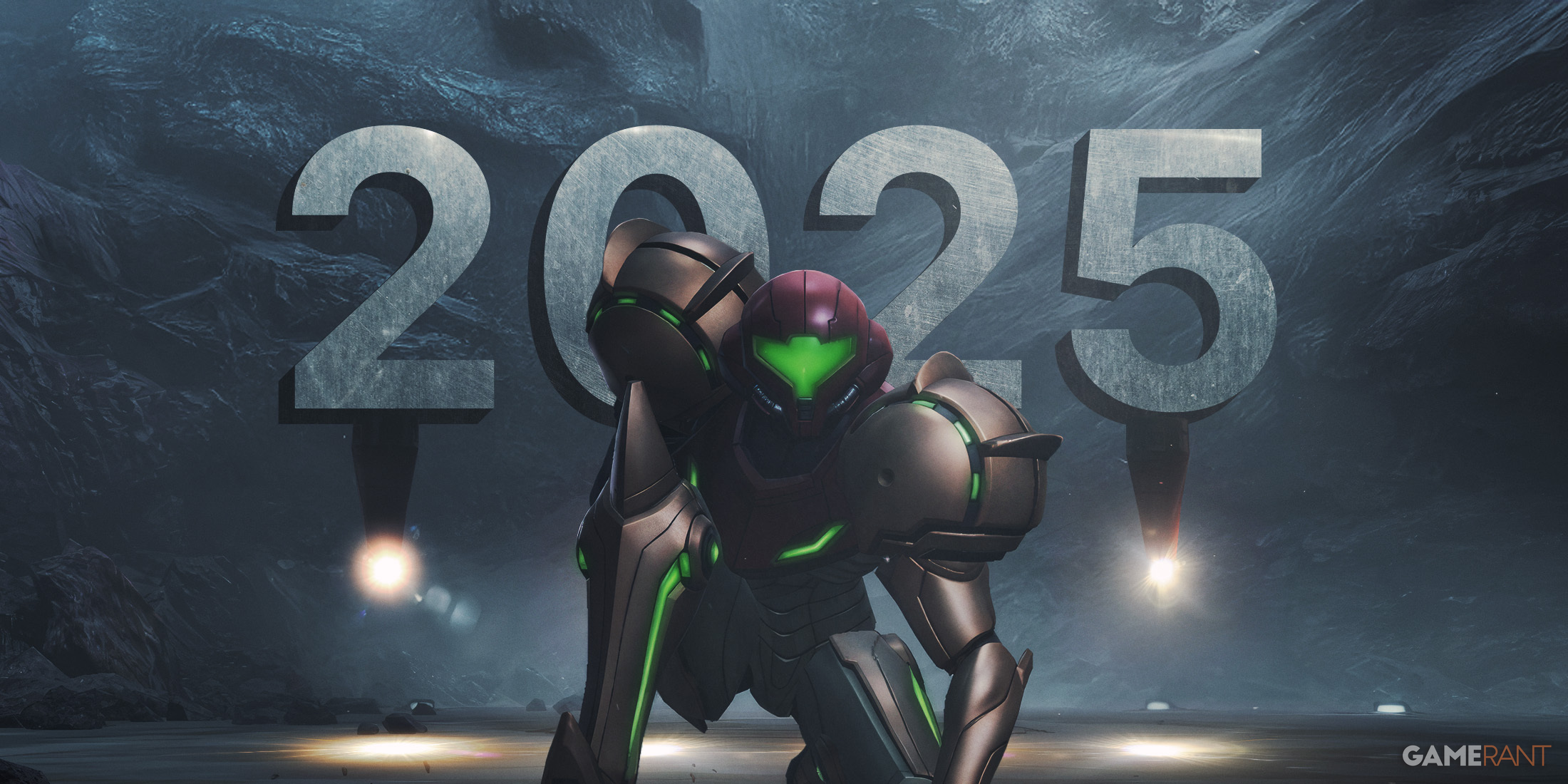 Screenshot from the Metroid Prime 4: Beyond gameplay trailer which was revealed in a Nintendo Direct. The image of Samus Aran is contrasted with the year 2025 in the background