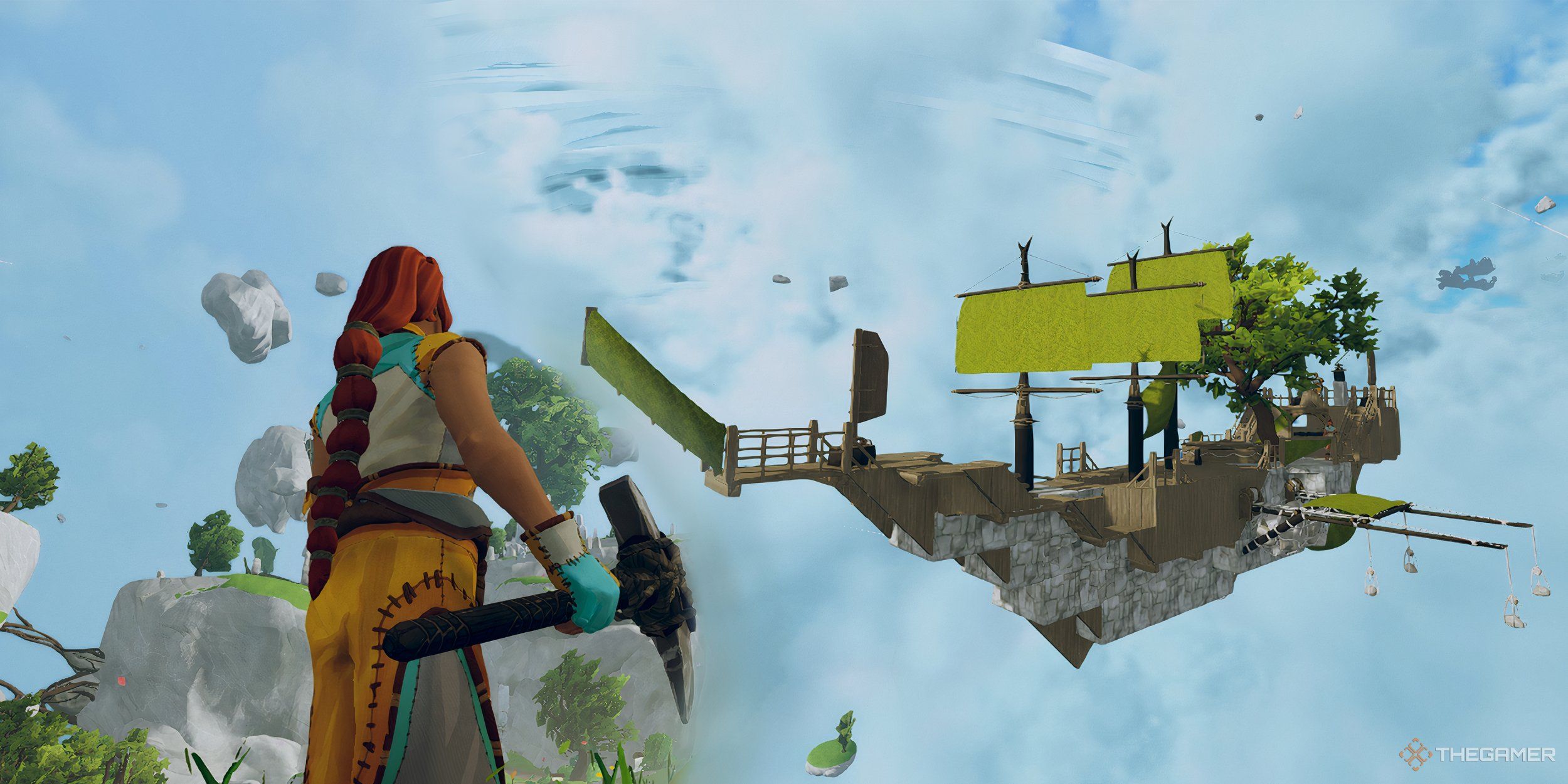 Collage of the avatar staring up at the sky and a pirate ship.