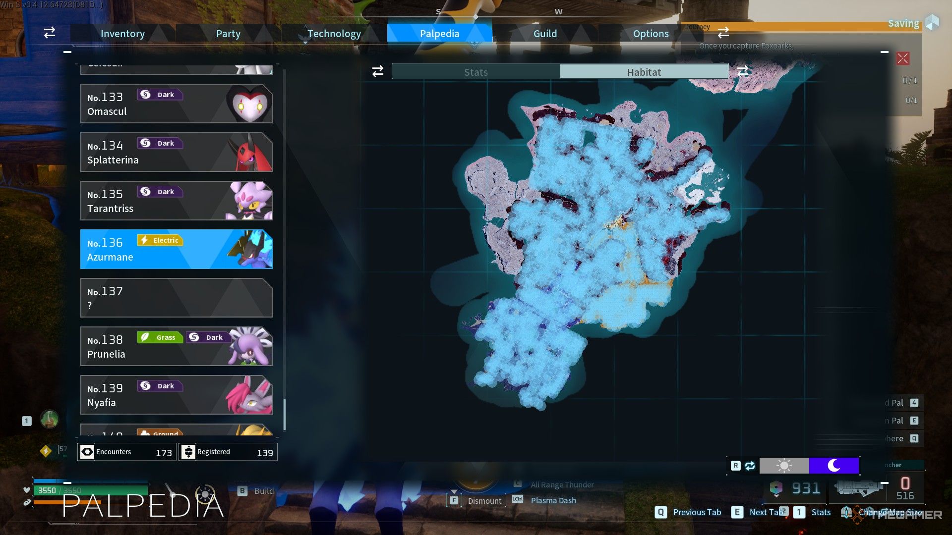 The blue circles shows the locations of Azurmane's possible spawning locations in Palworld.