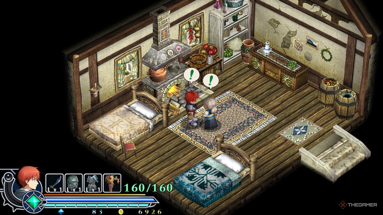 Adol in Aida's house while a green exclamation mark appears over both of their heads in ys memoire the oath in felghana.