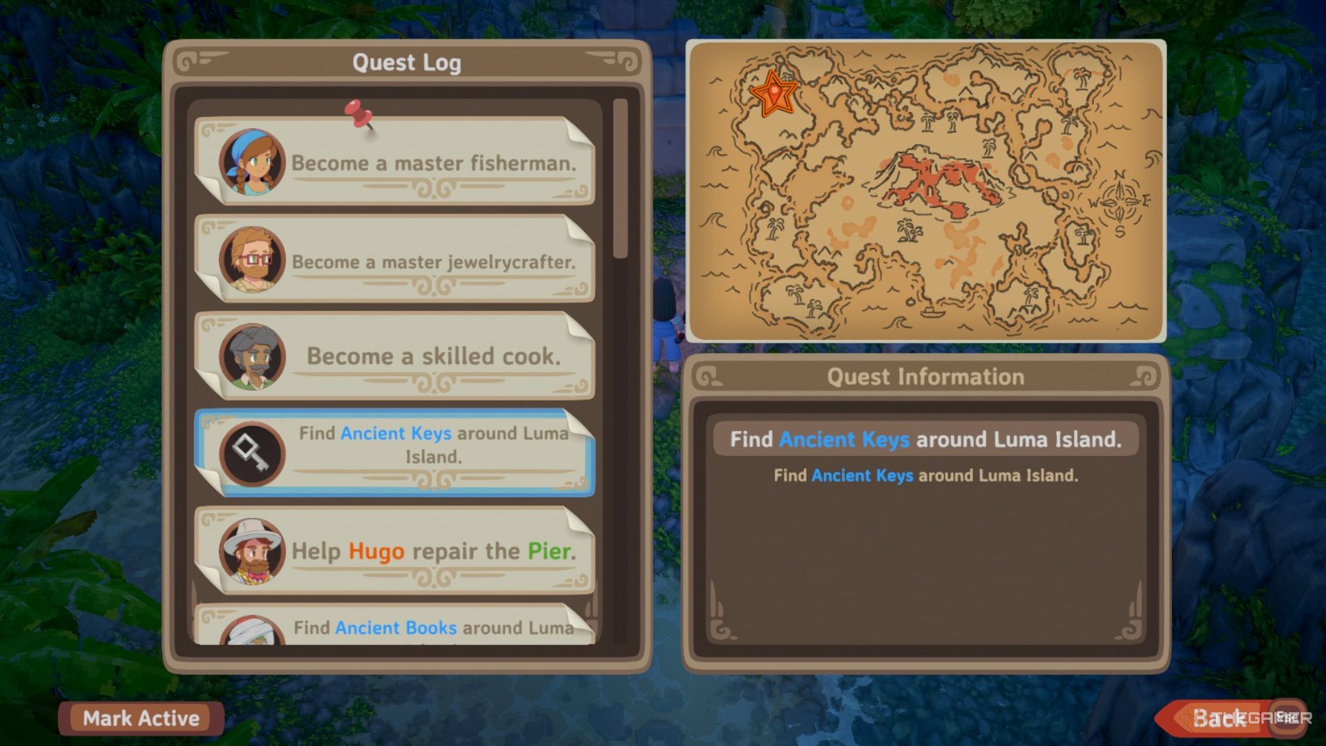 Menu view with quests on the left and a map of the jungle on the right with an orange star edited onto the shrine's location in Luma Island.