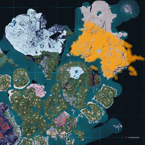 The orange-colored areas shows the possible Robinquill Terra spawn location on the map in Palworld