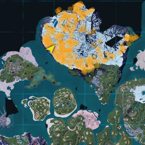 The orange-colored areas shows the possible Mammorest Cryst spawn location on the map in Palworld