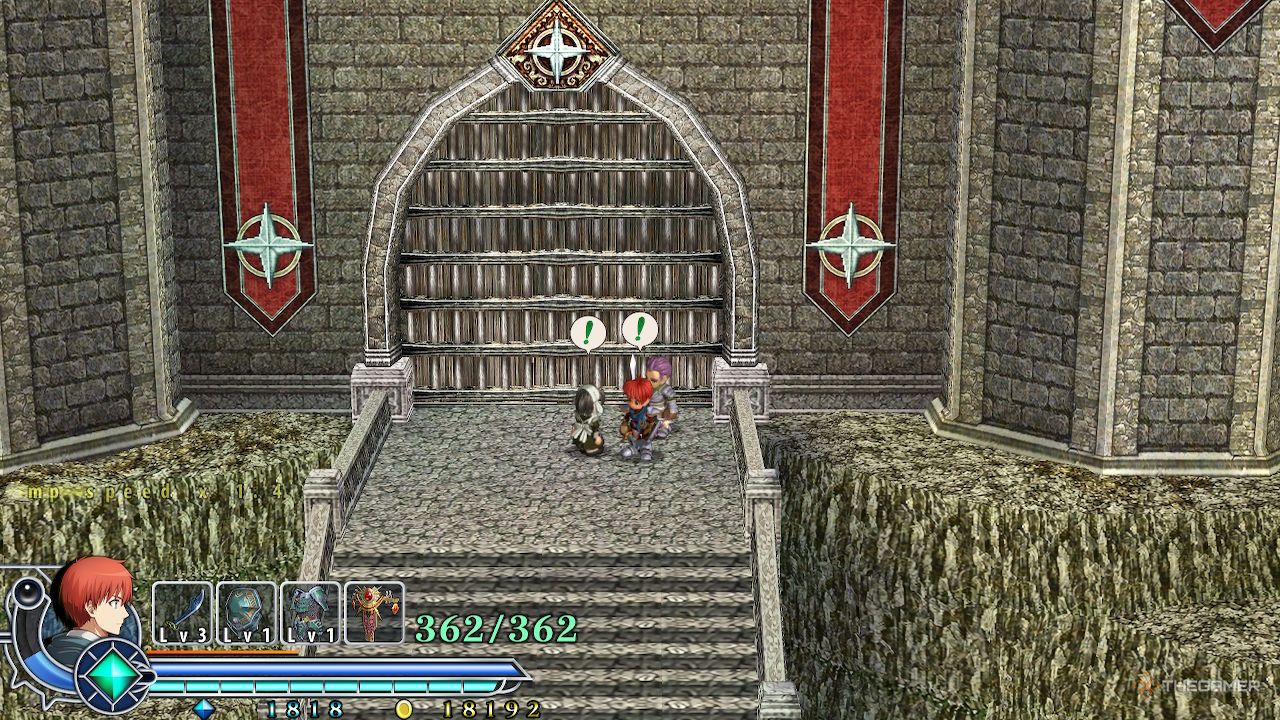 Adol standing beside two characters at Valestein Castle with green exclamation points above their heads in Ys Memoire The Oath In Felghana.