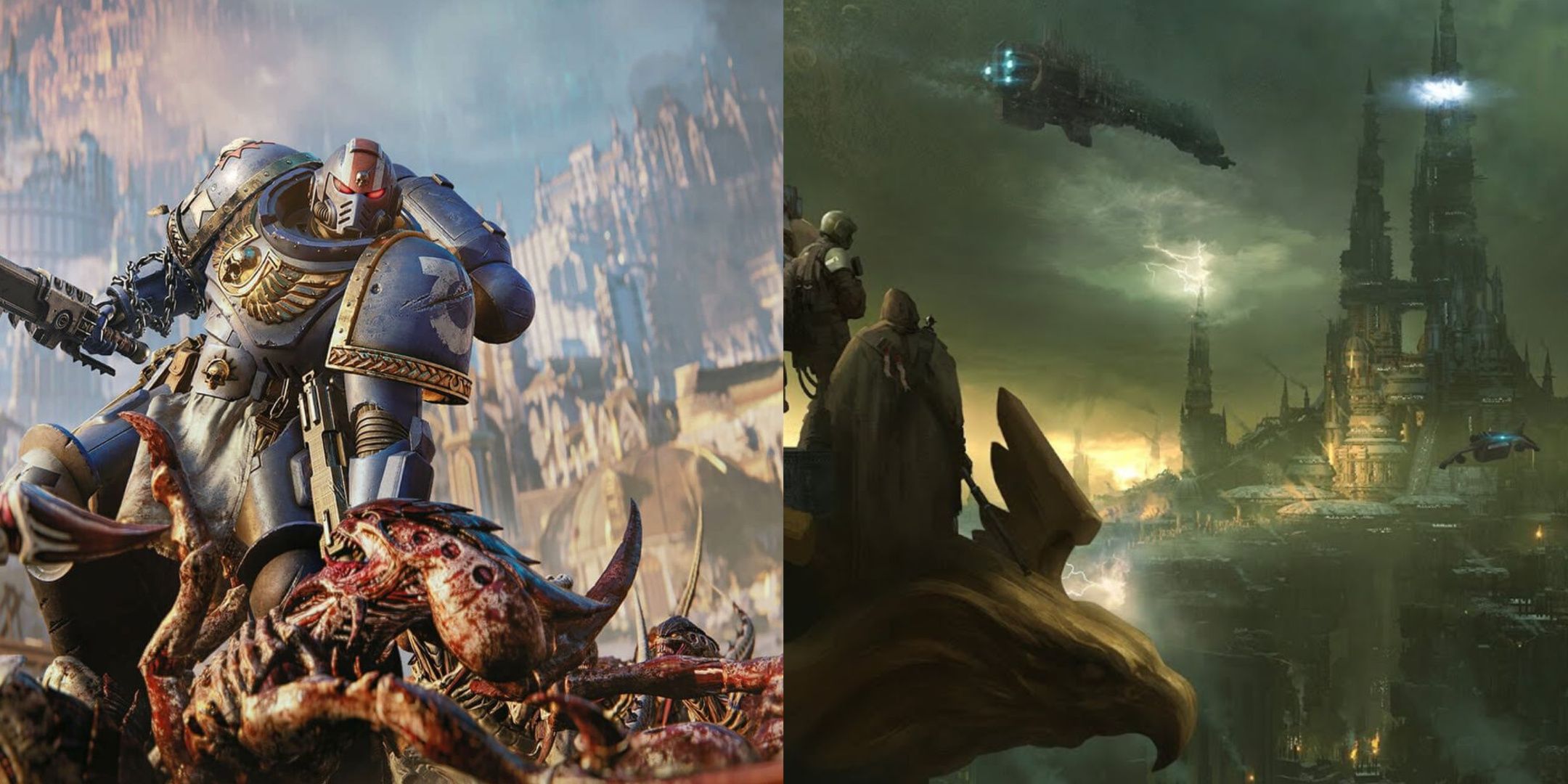 A collage of art from Space Marine 2 and Warhammer 40k Darktide.